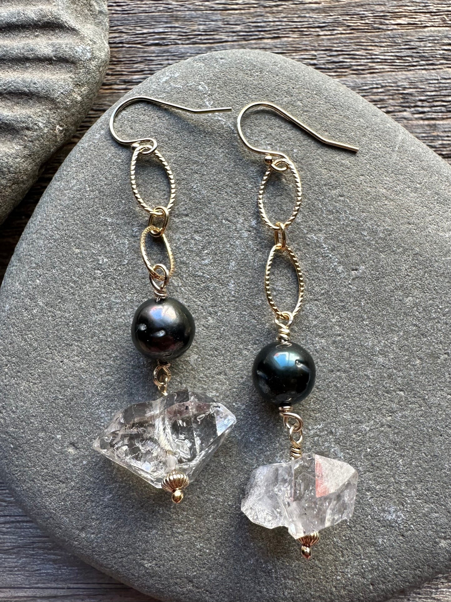 Tidal Light Herkimer Diamond and Tahitian Pearl Earrings