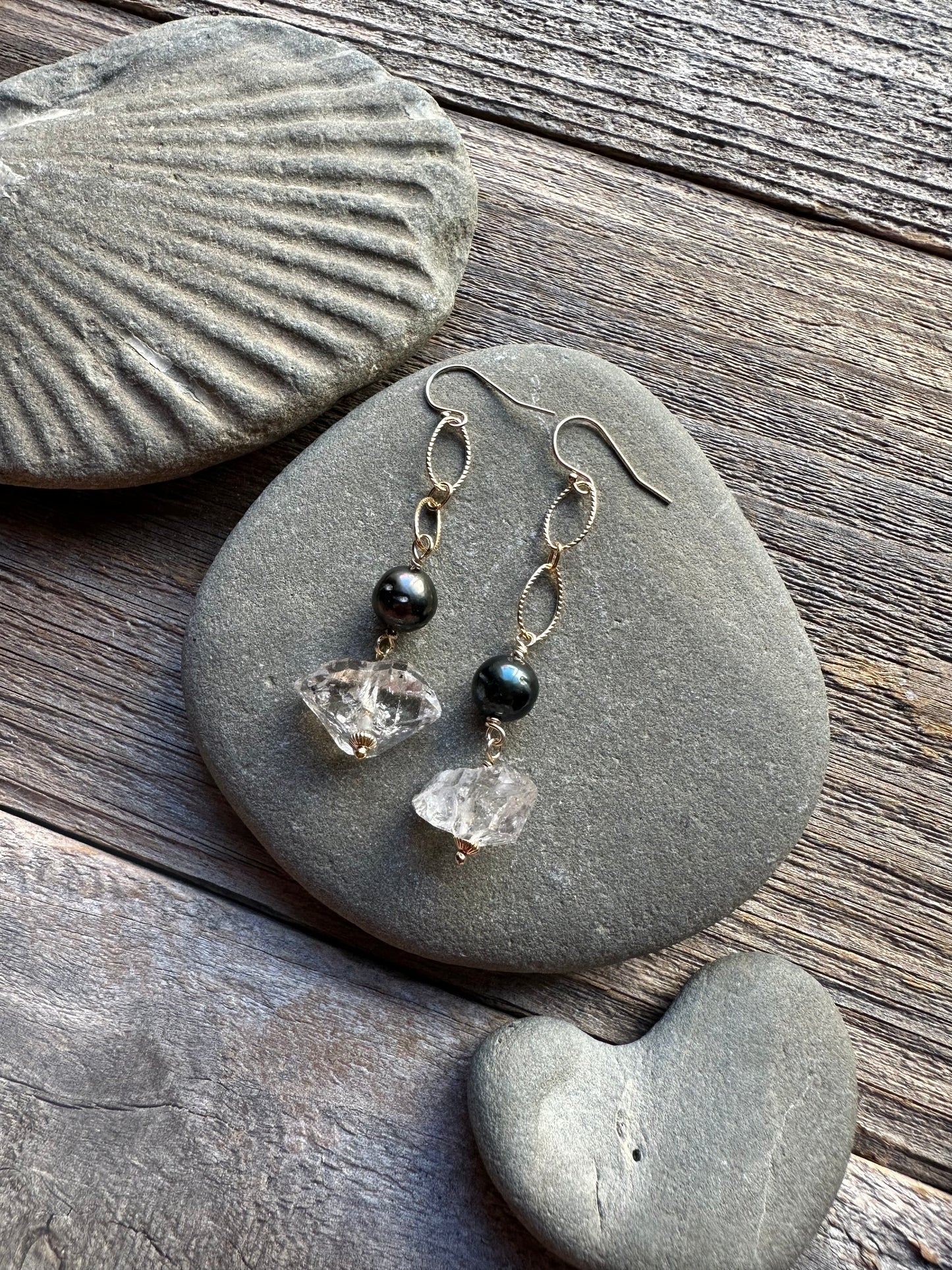 Tidal Light Herkimer Diamond and Tahitian Pearl Earrings