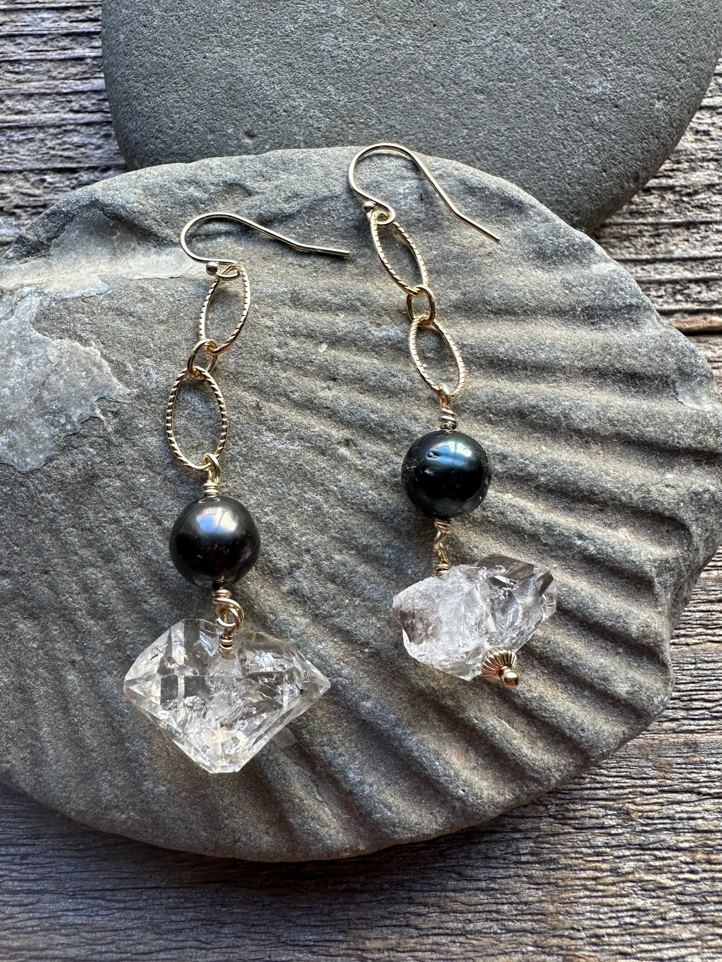 Tidal Light Herkimer Diamond and Tahitian Pearl Earrings