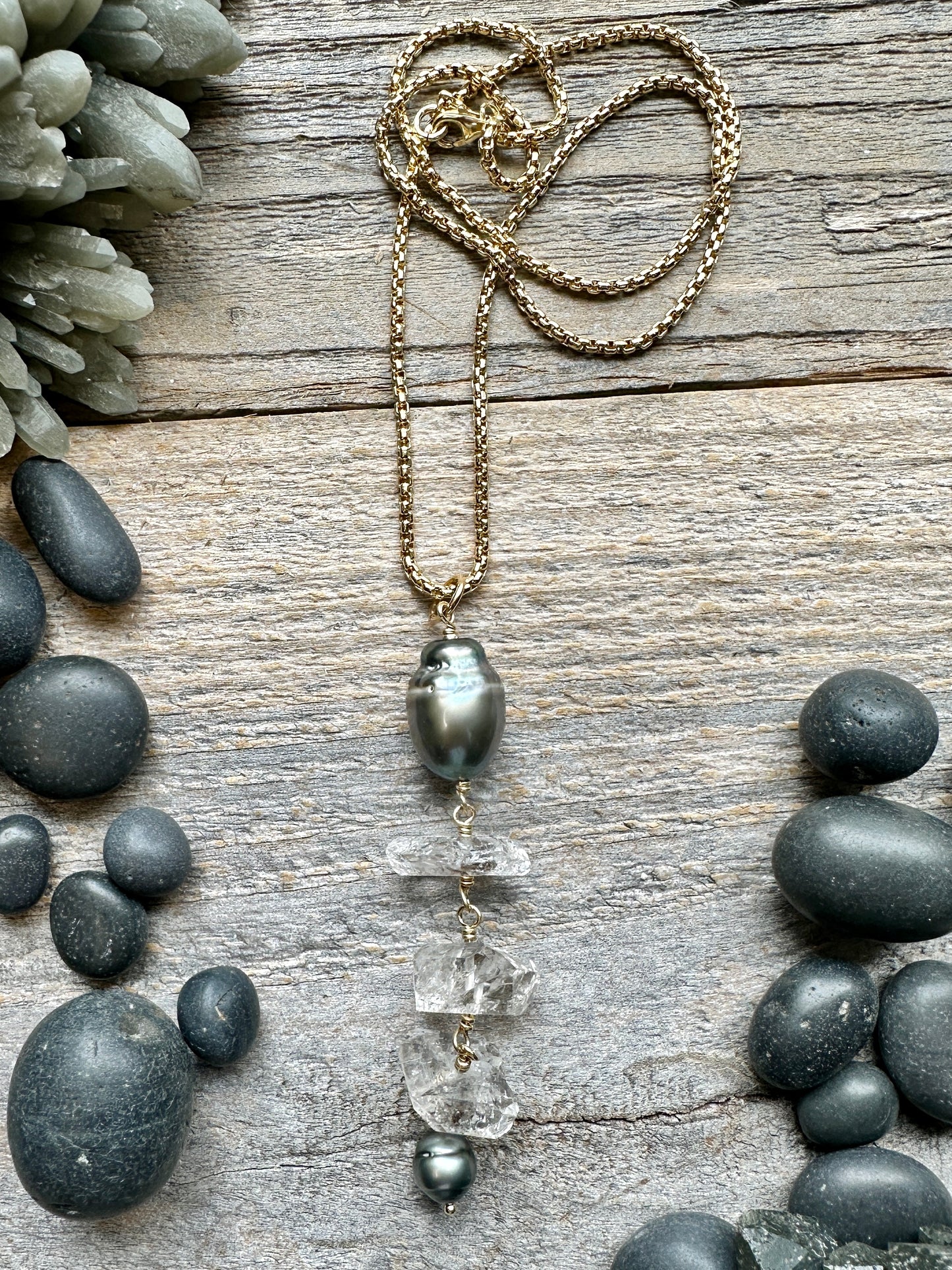 Etheria Thaitian Pearl and Herkimer Diamond Long Drop Necklace