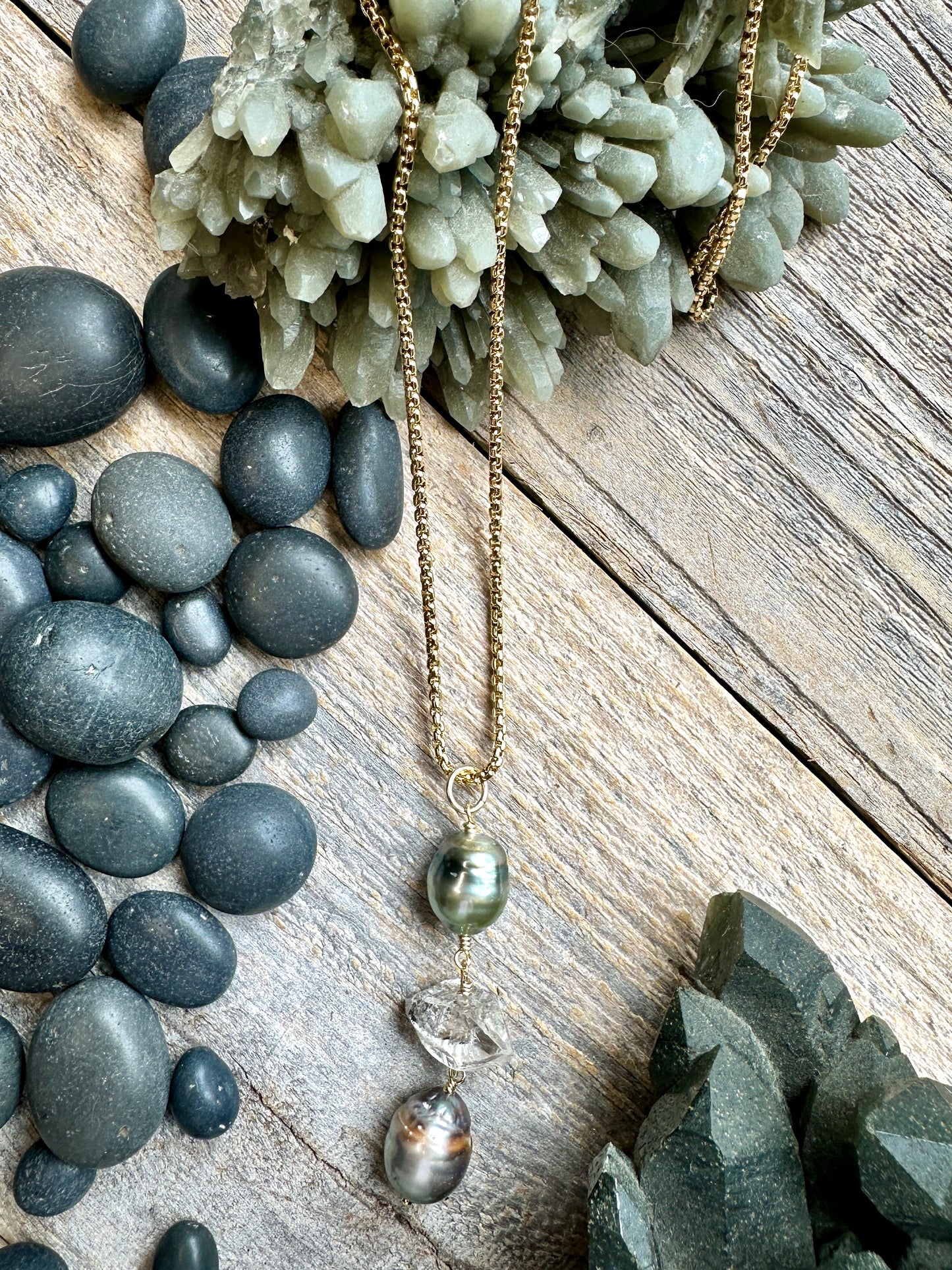 Ehteria Tahitian Pearl and Herkimer Lariat Drop Necklace