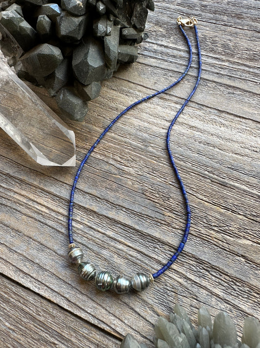 Celestial Currents – Lapis & Five Tahitian Pearls 19.5" Necklace