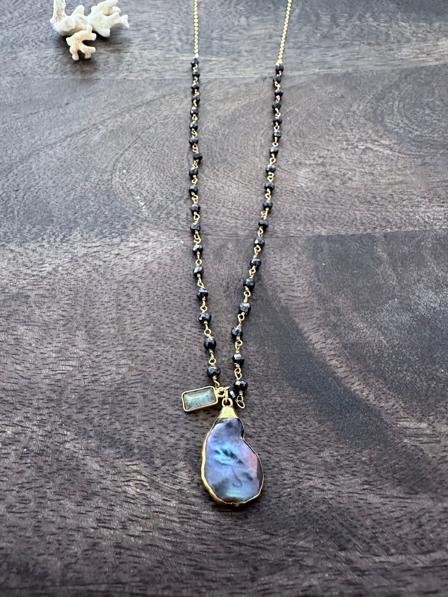 Tide's Whisper: Ocean Alchemy Necklace : Black Spinel Rosary and Keshi and Labradorite 28" Necklace