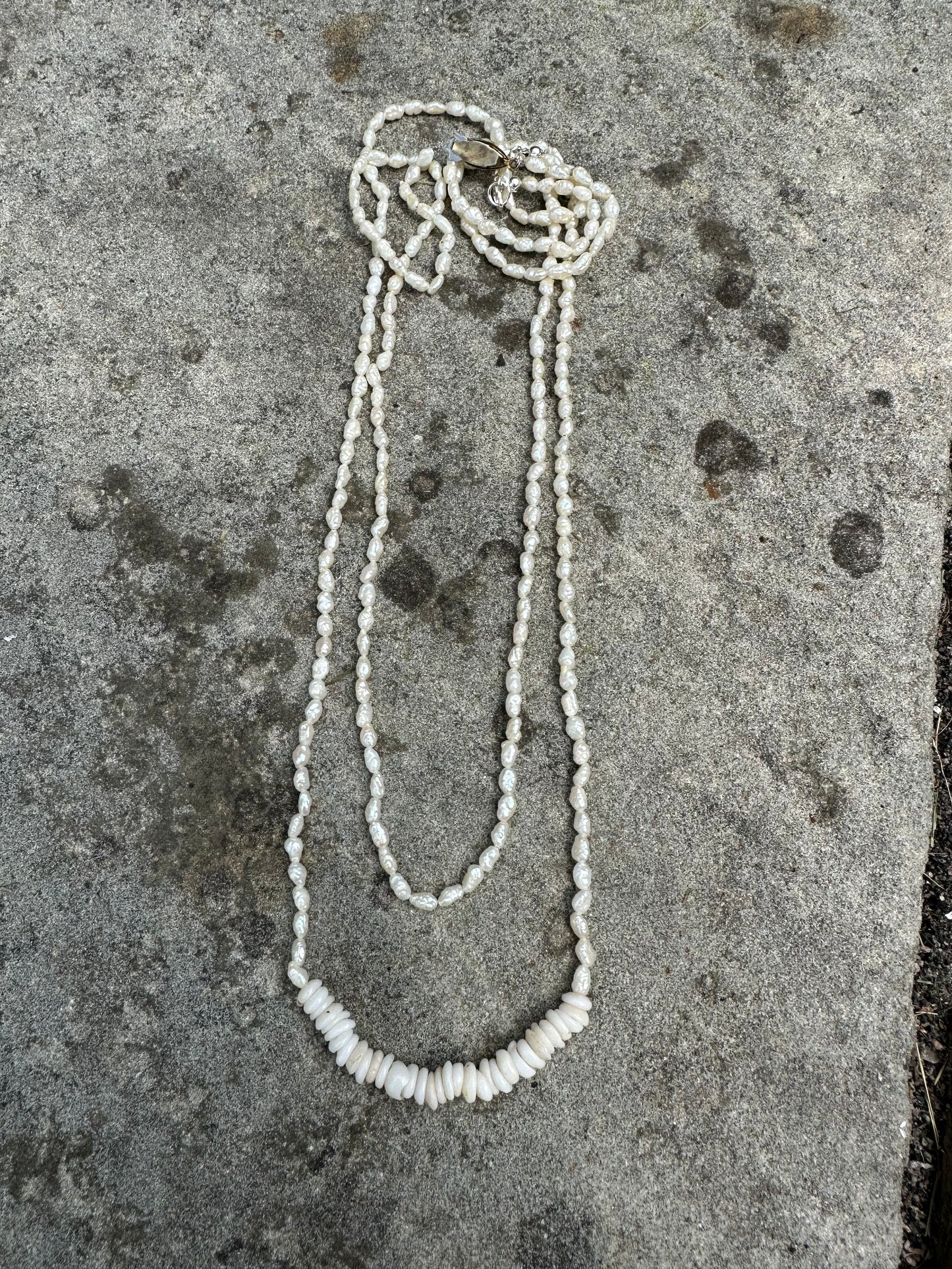 Pearly Shore: White Seed Pearl and Puka Shell Lei Necklace