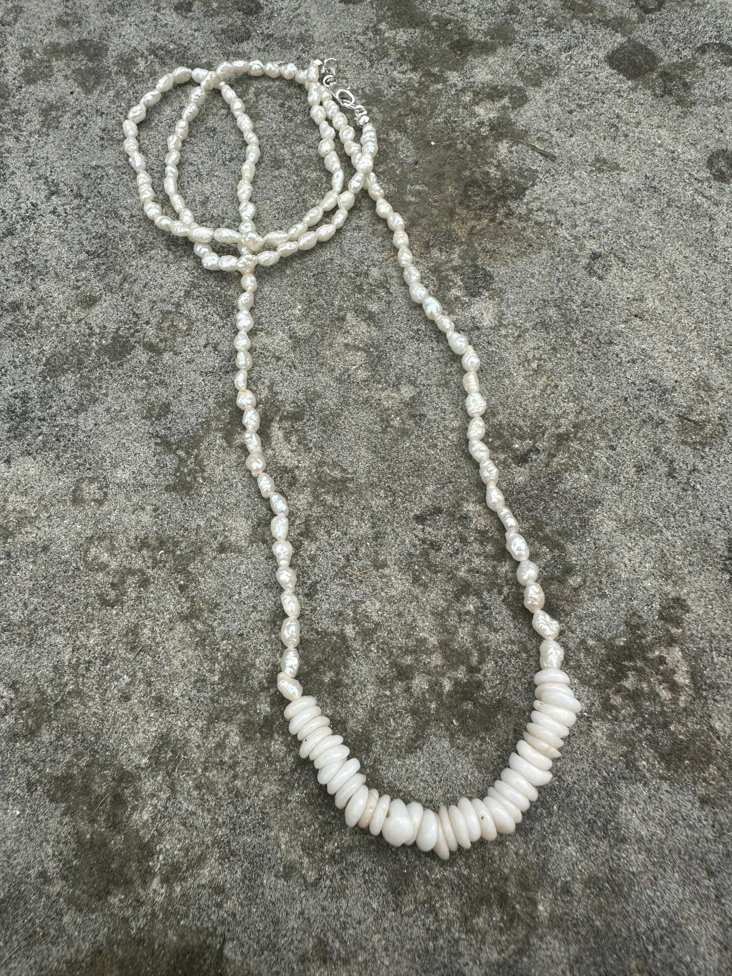 Pearly Shore: White Seed Pearl and Puka Shell Lei Necklace