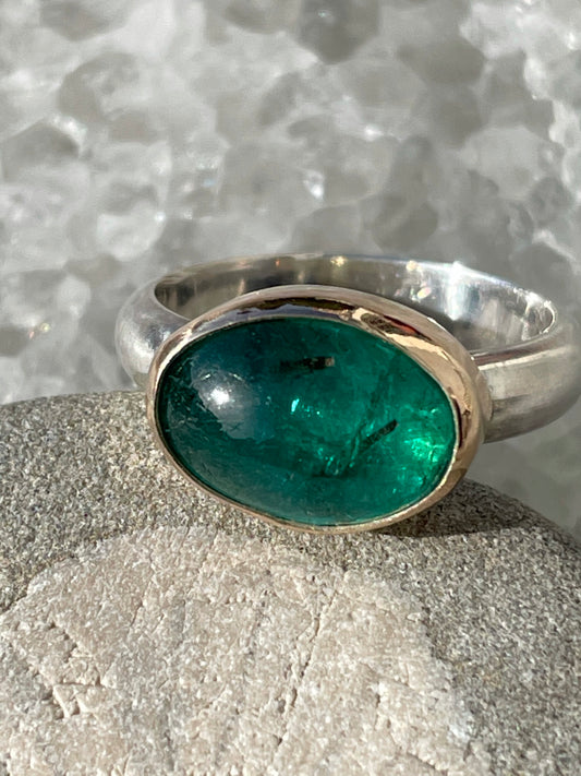 Emerald Veins: Deep Green Tourmaline Ring with 14K Gold Bezel