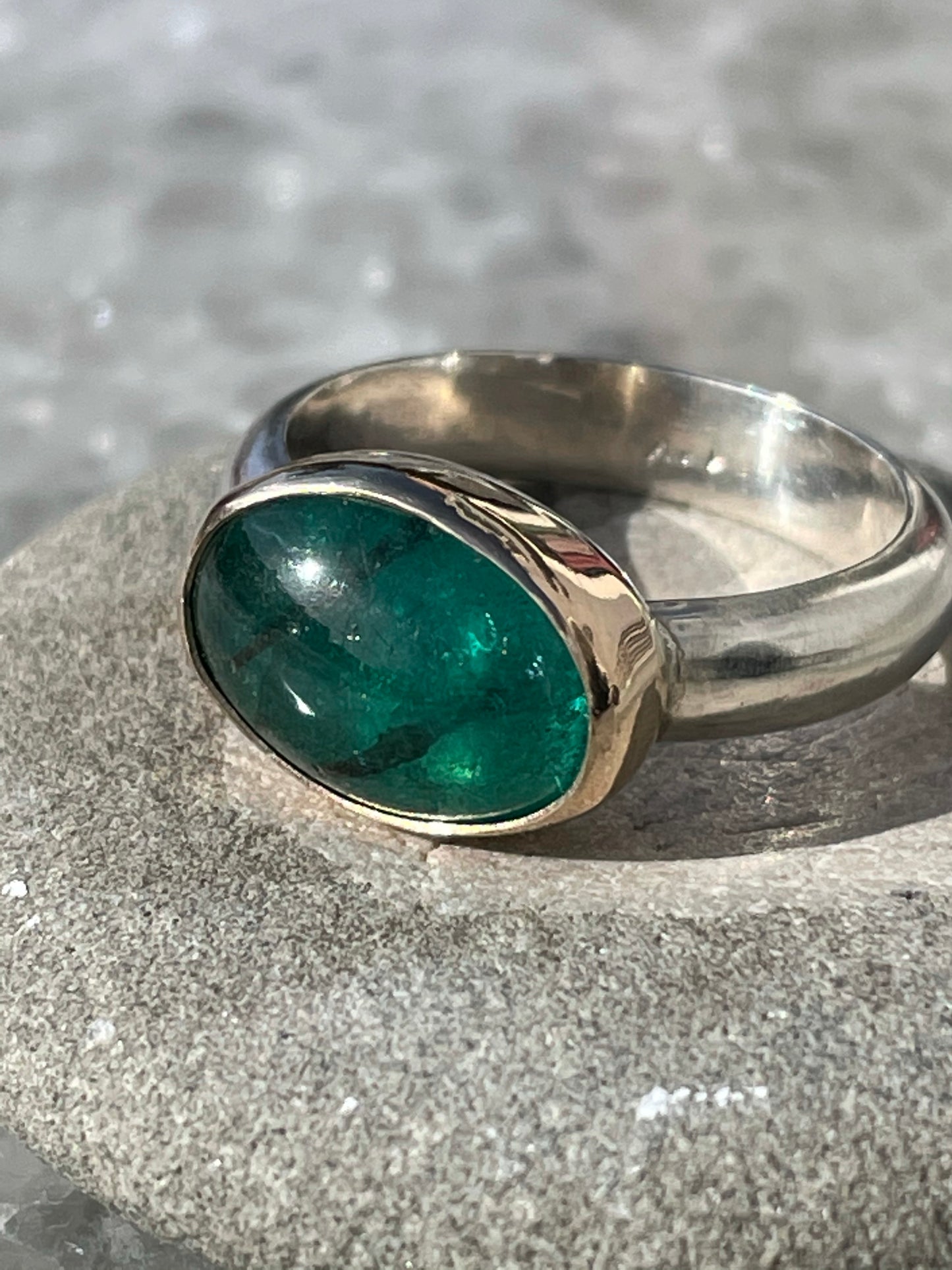 Emerald Veins: Deep Green Tourmaline Ring with 14K Gold Bezel
