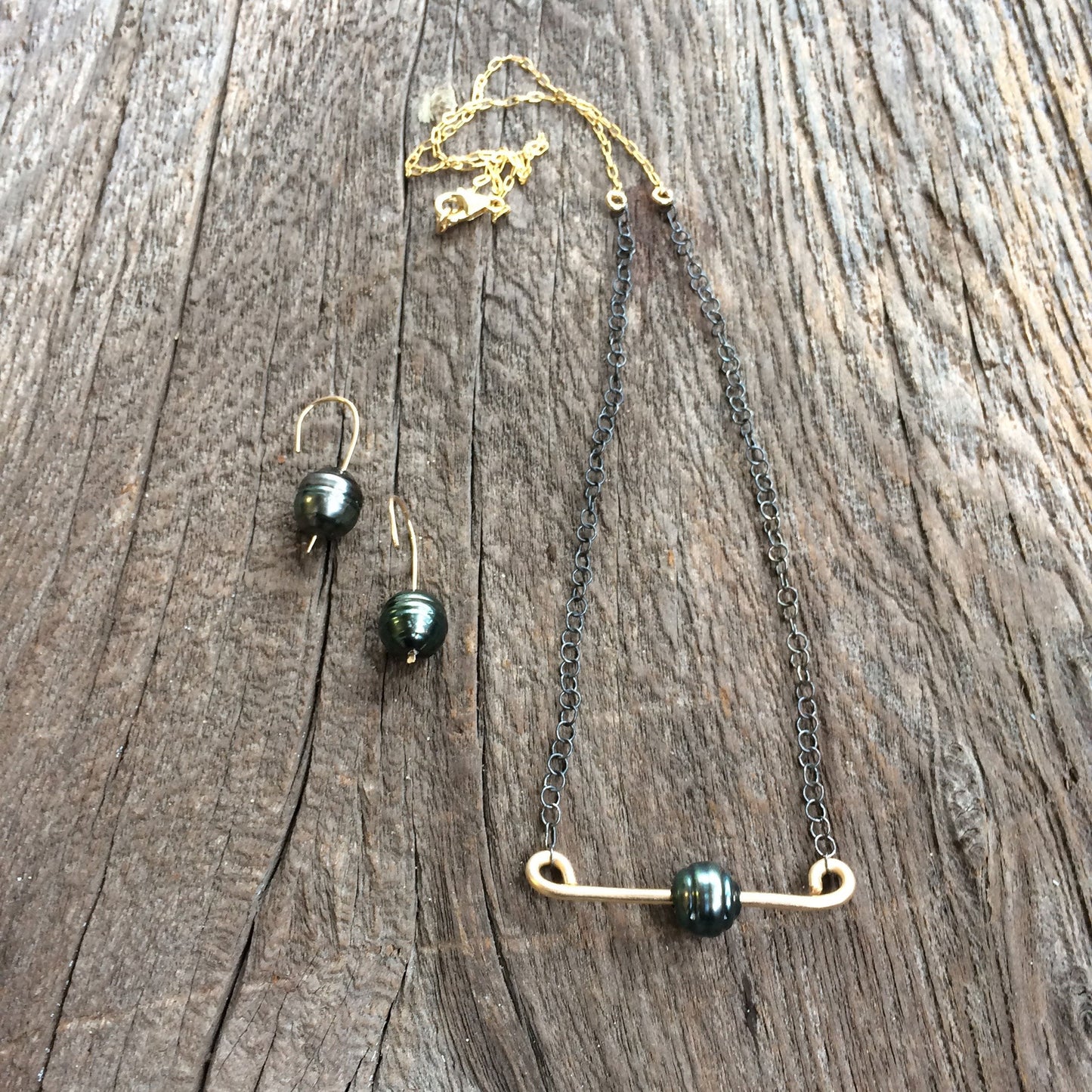 Orions Belt: Tahitian Or Baroque Fireball Pearl on a Gold Bar Necklace