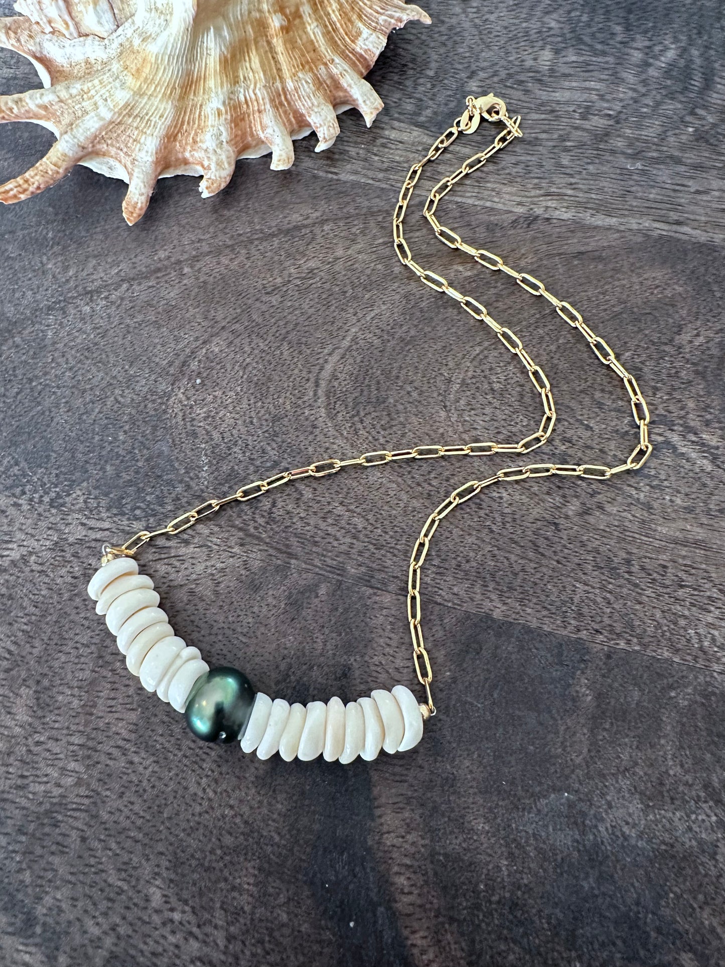 Royal Hawaiian Single Tahitian Pearl and Puka Shell Necklace