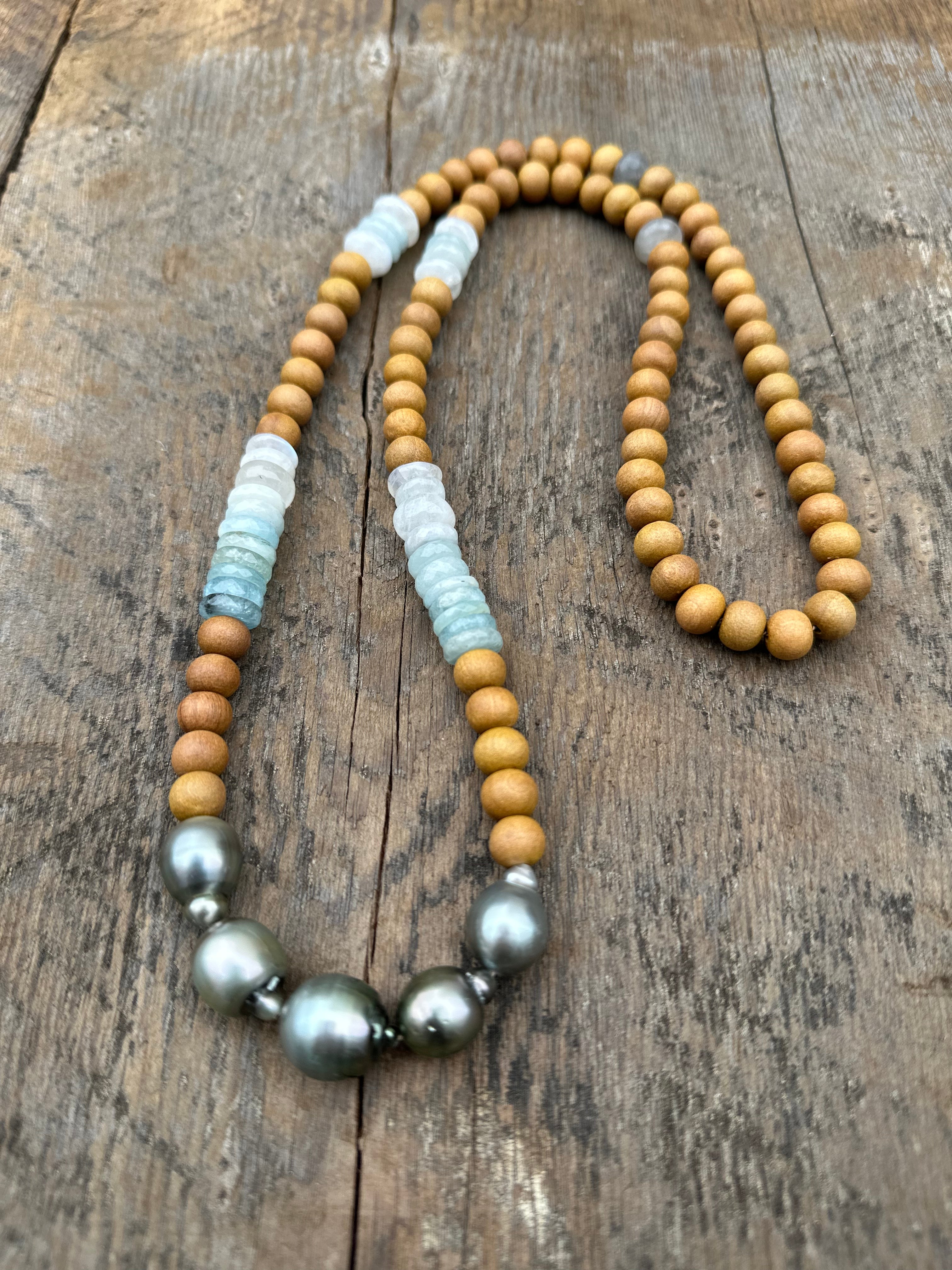 Ocean Mala Sandalwood and Aquamarine with Tahitian Pearl Necklace
