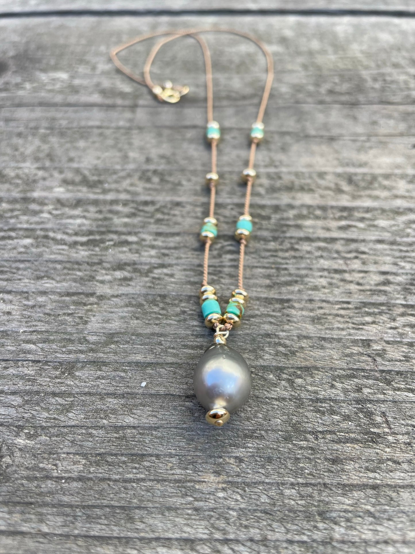 Azure Tranquility: Tahitian Pearl & Turquoise Silk Necklace