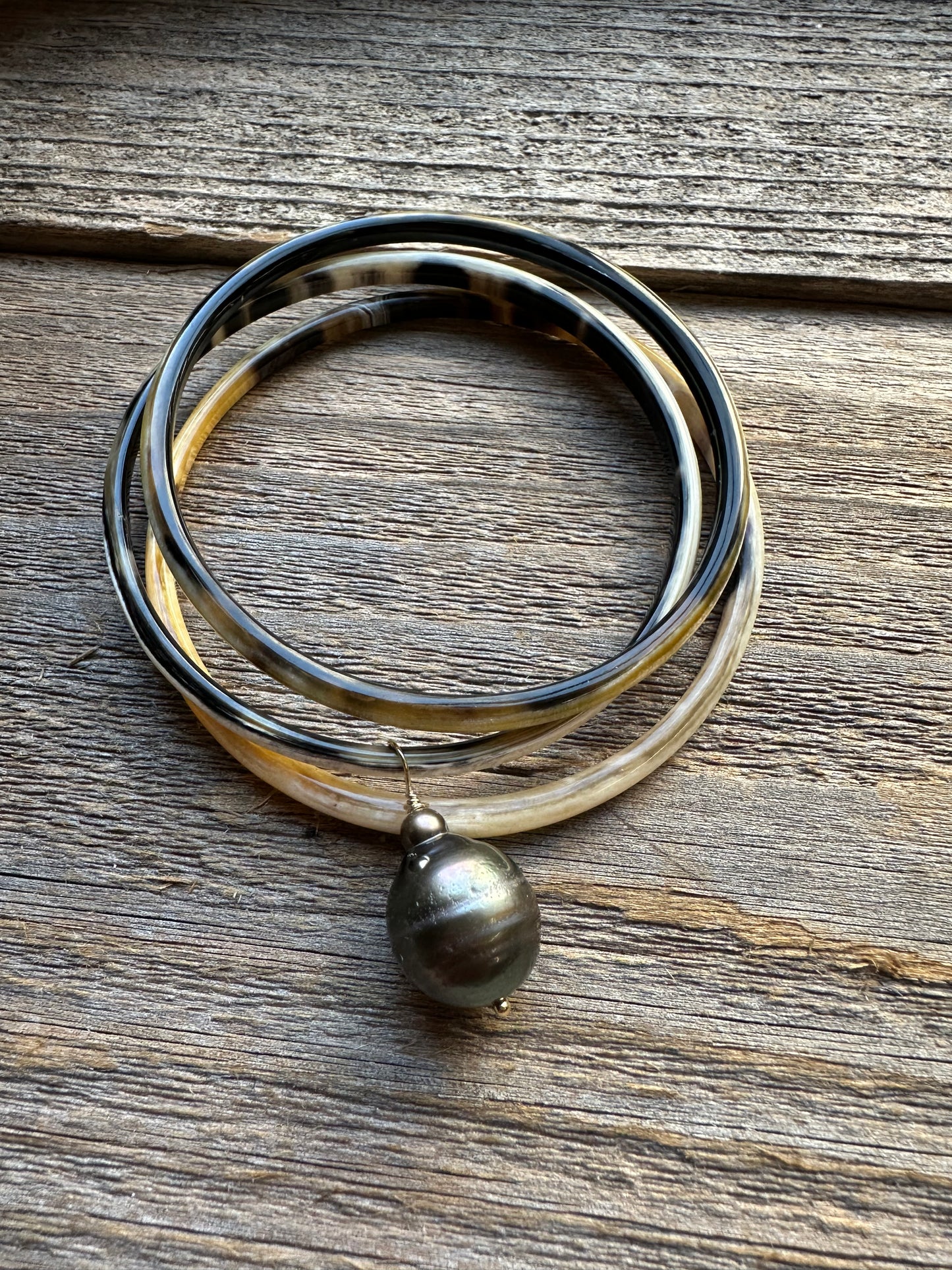 Pacific Relic Water Buffalo Horn and Tahitian Pearl Bangle Trio