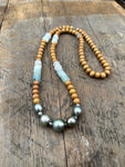 Ocean Mala Sandalwood and Aquamarine with Tahitian Pearl Necklace