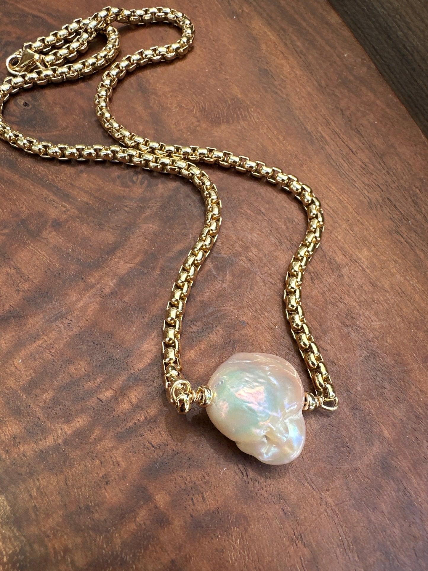 Fireball Baroque Pearl Necklace on Gold Filled Rolled Box Chain