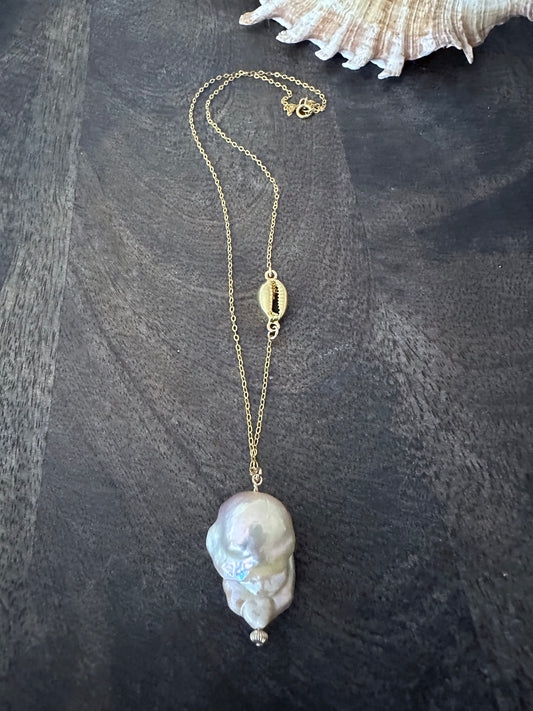 Radiant Rebellion Fireball Baroque Pearl and Vermeil Cowrie Necklace