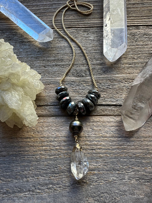 Celestine Labradorite, Herkimer Diamond and Tahitian Pearl 26” Necklace