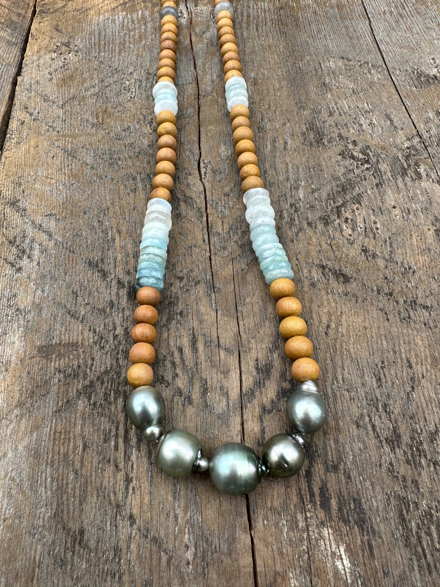 Ocean Mala Sandalwood and Aquamarine with Tahitian Pearl Necklace