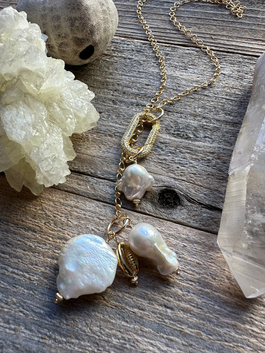 Whitewater Cloud and Fireball Pearl Gold Filled Lariat