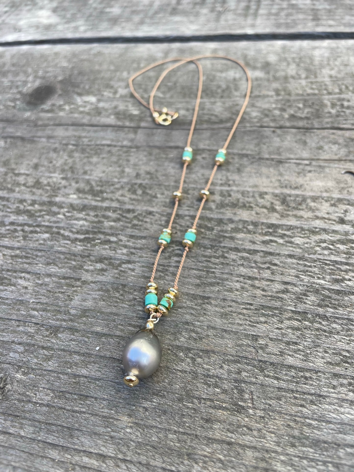 Azure Tranquility: Tahitian Pearl & Turquoise Silk Necklace