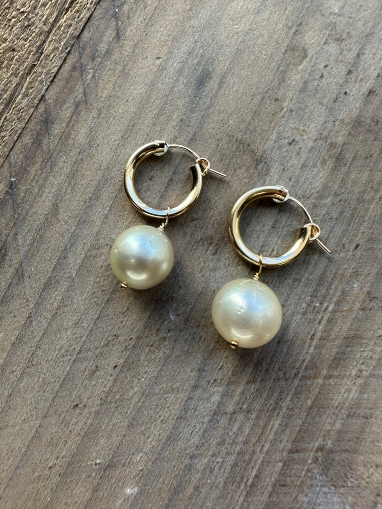 large whitish pearls with a sublte golden tone on little huggie hoops on a wooden background