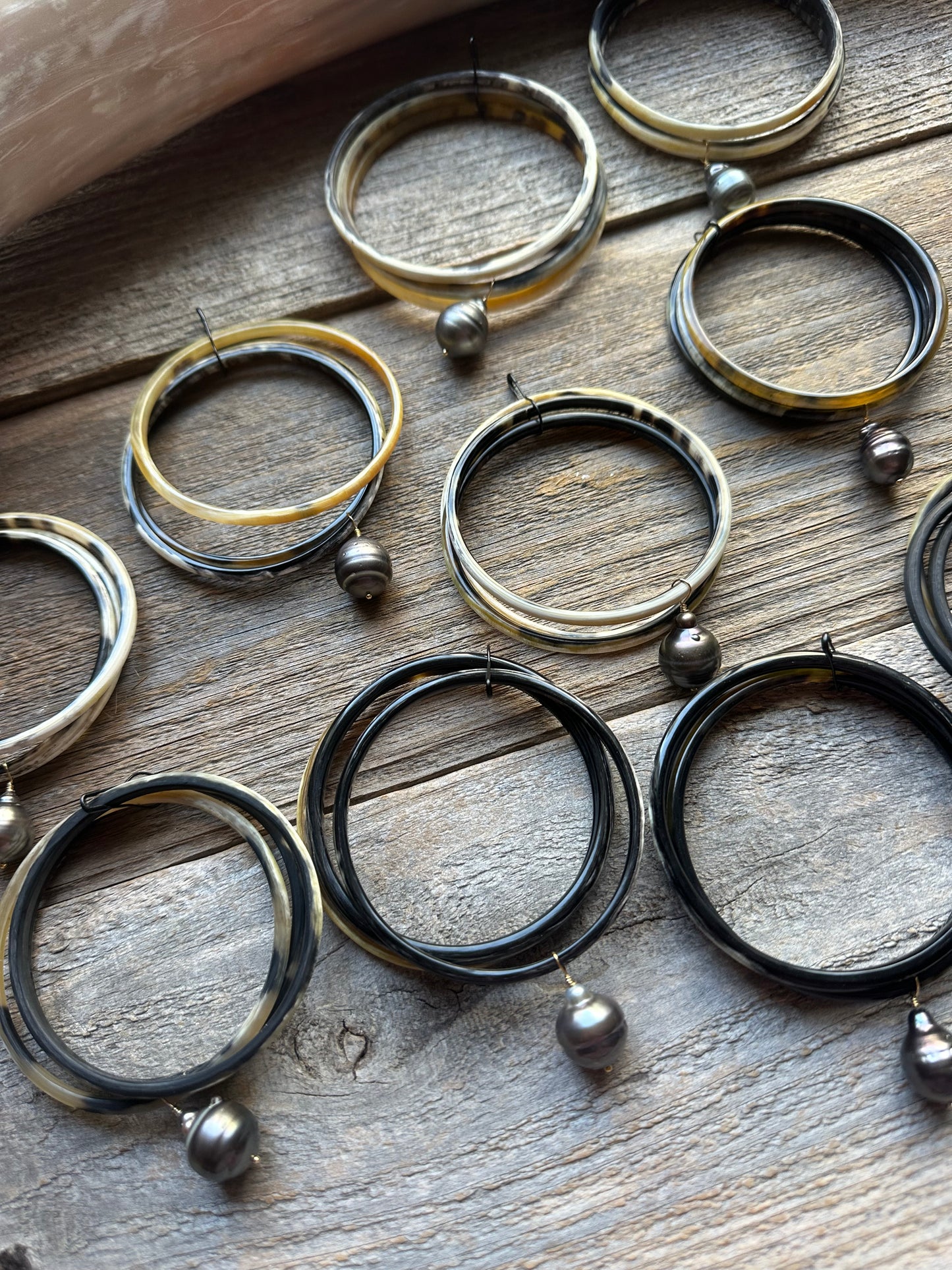 Pacific Relic Water Buffalo Horn and Tahitian Pearl Bangle Trio