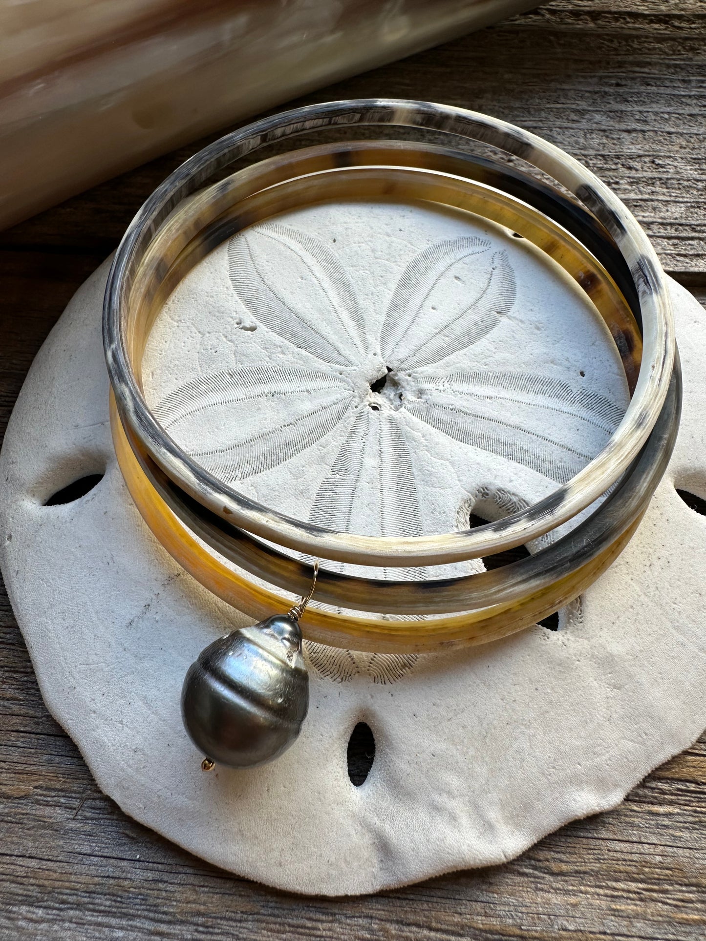 Pacific Relic Water Buffalo Horn and Tahitian Pearl Bangle Trio