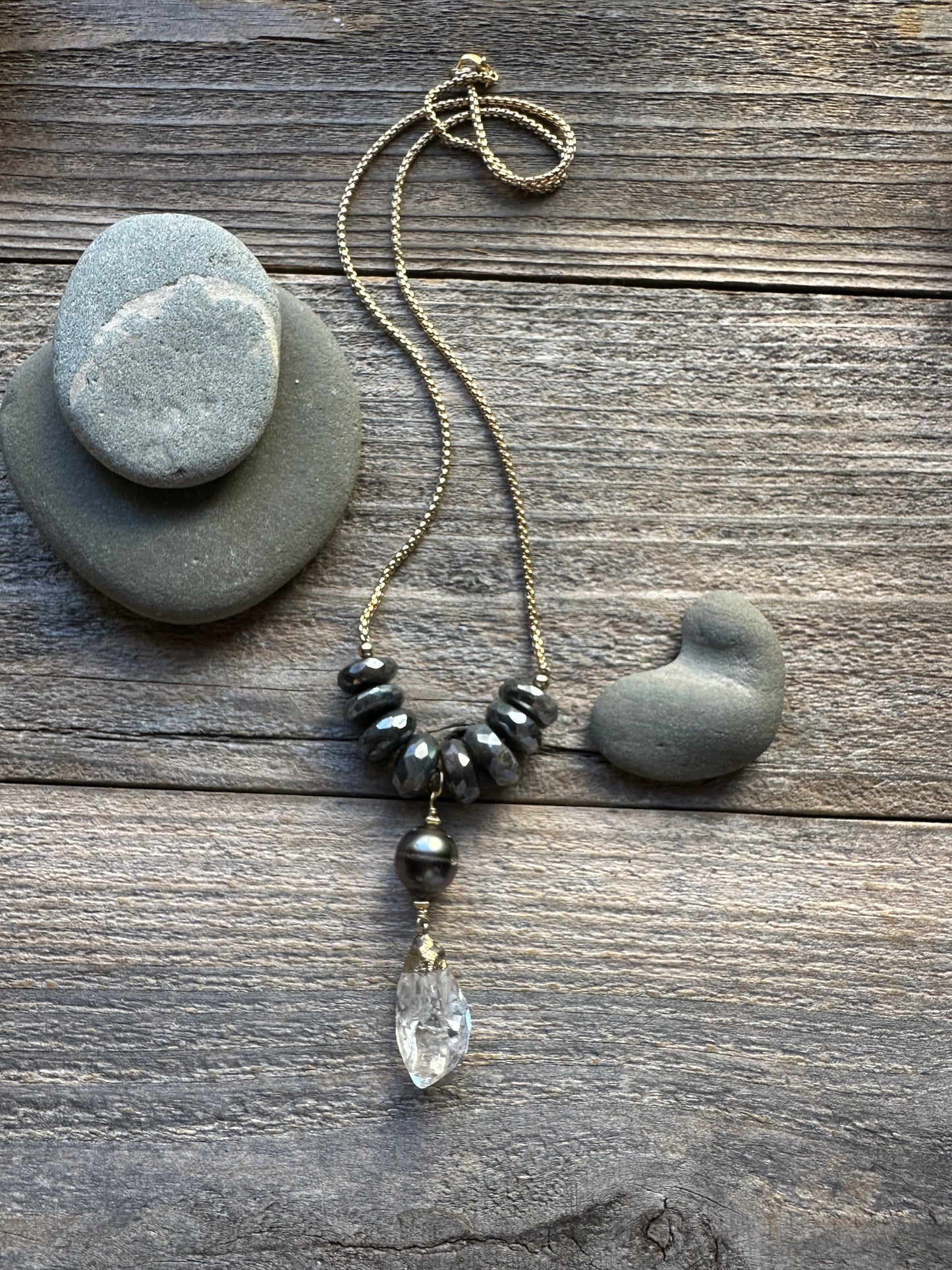 Celestine Labradorite, Herkimer Diamond and Tahitian Pearl 26” Necklace