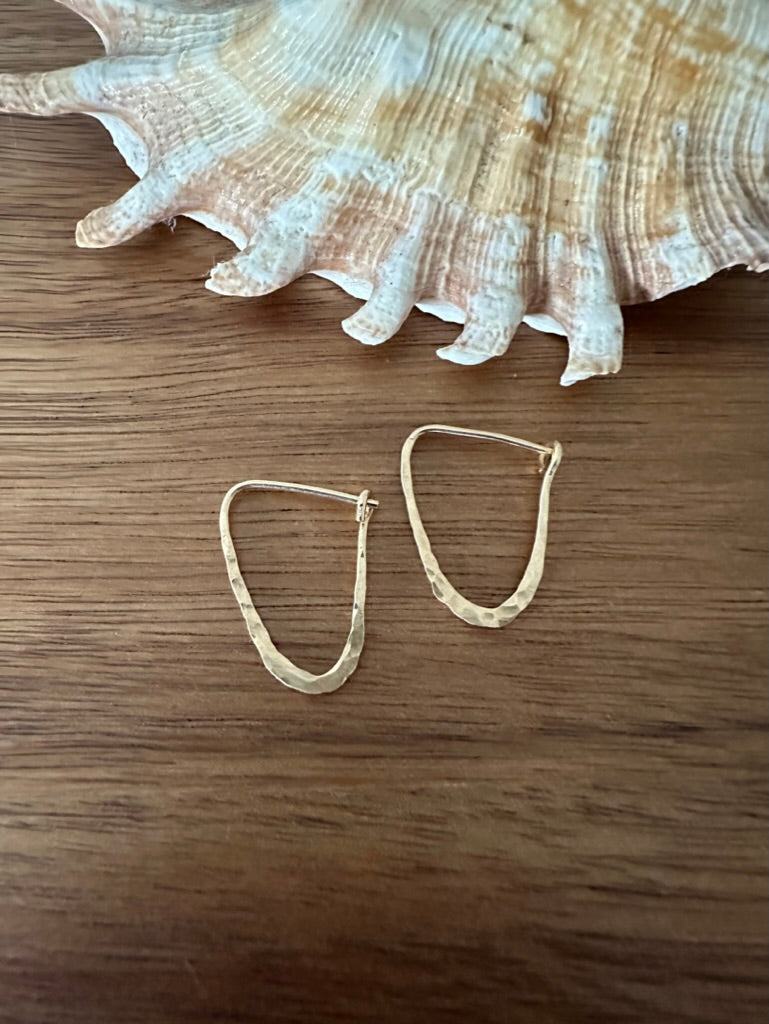 triangular shaped gold earring hoops on a wooden background with a large shell in the upper edge