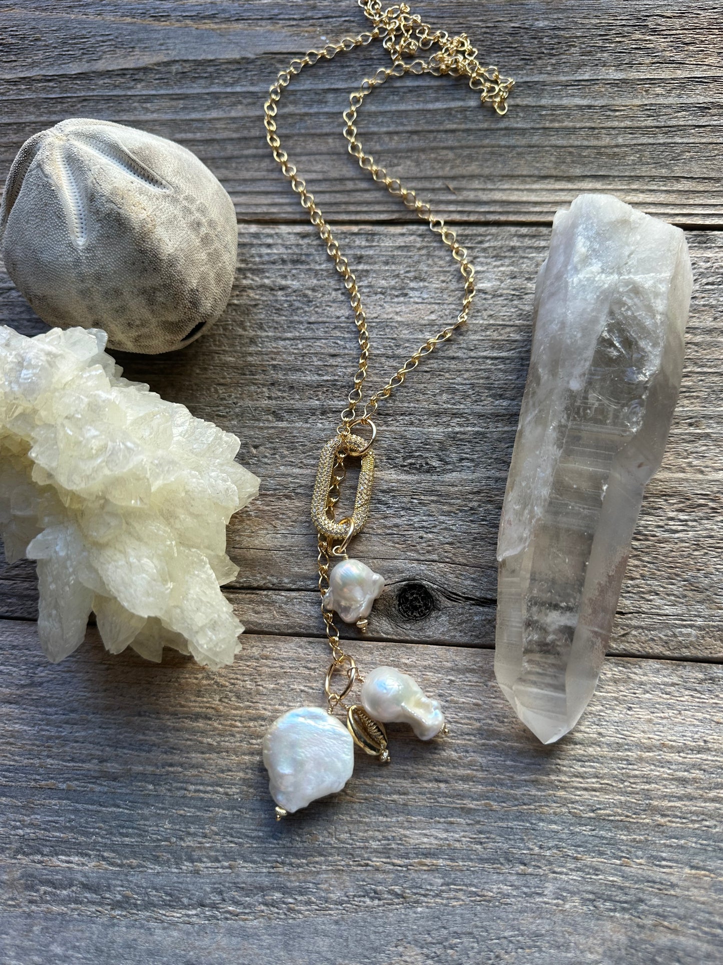 Whitewater Cloud and Fireball Pearl Gold Filled Lariat