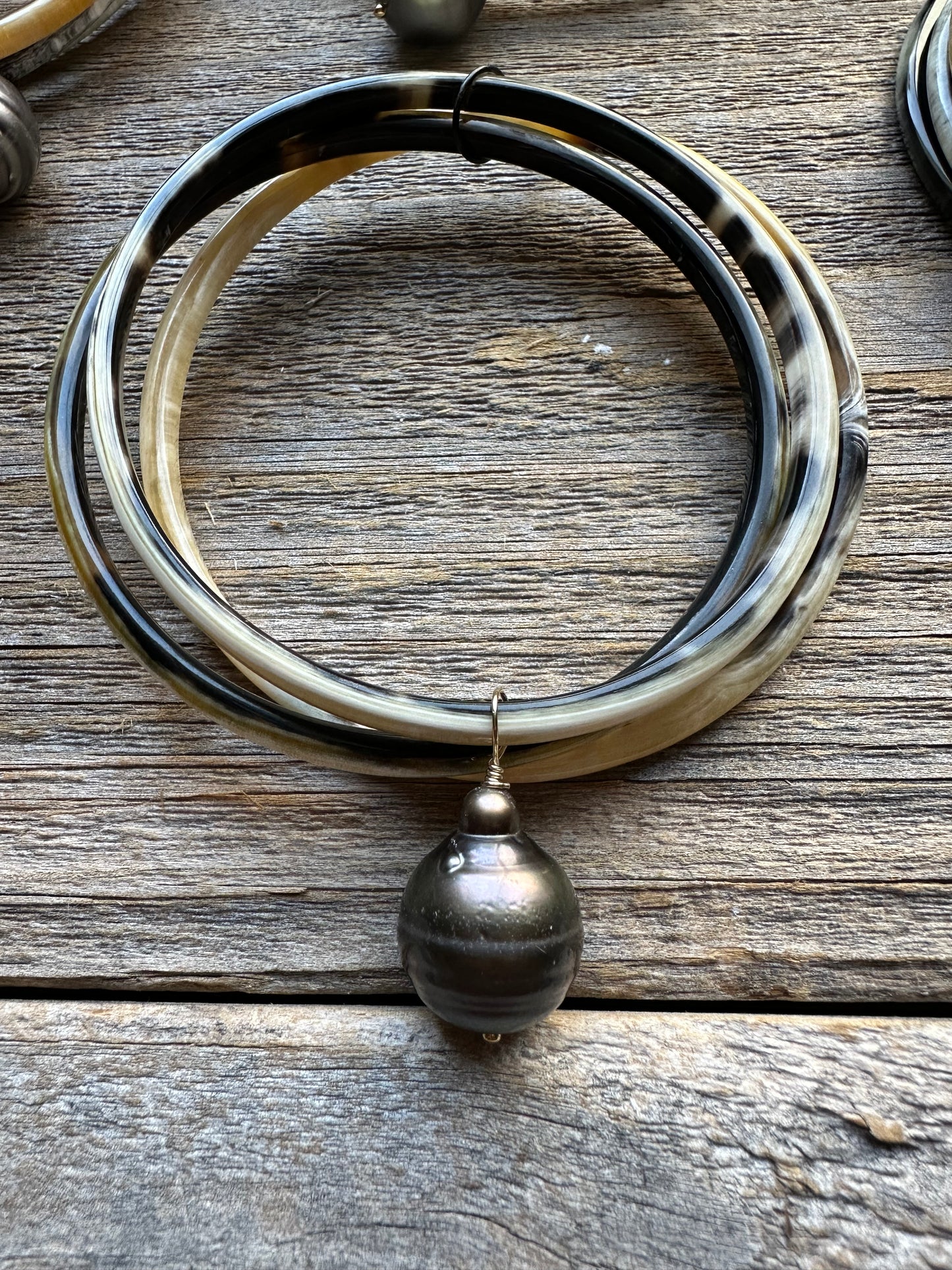 Pacific Relic Water Buffalo Horn and Tahitian Pearl Bangle Trio