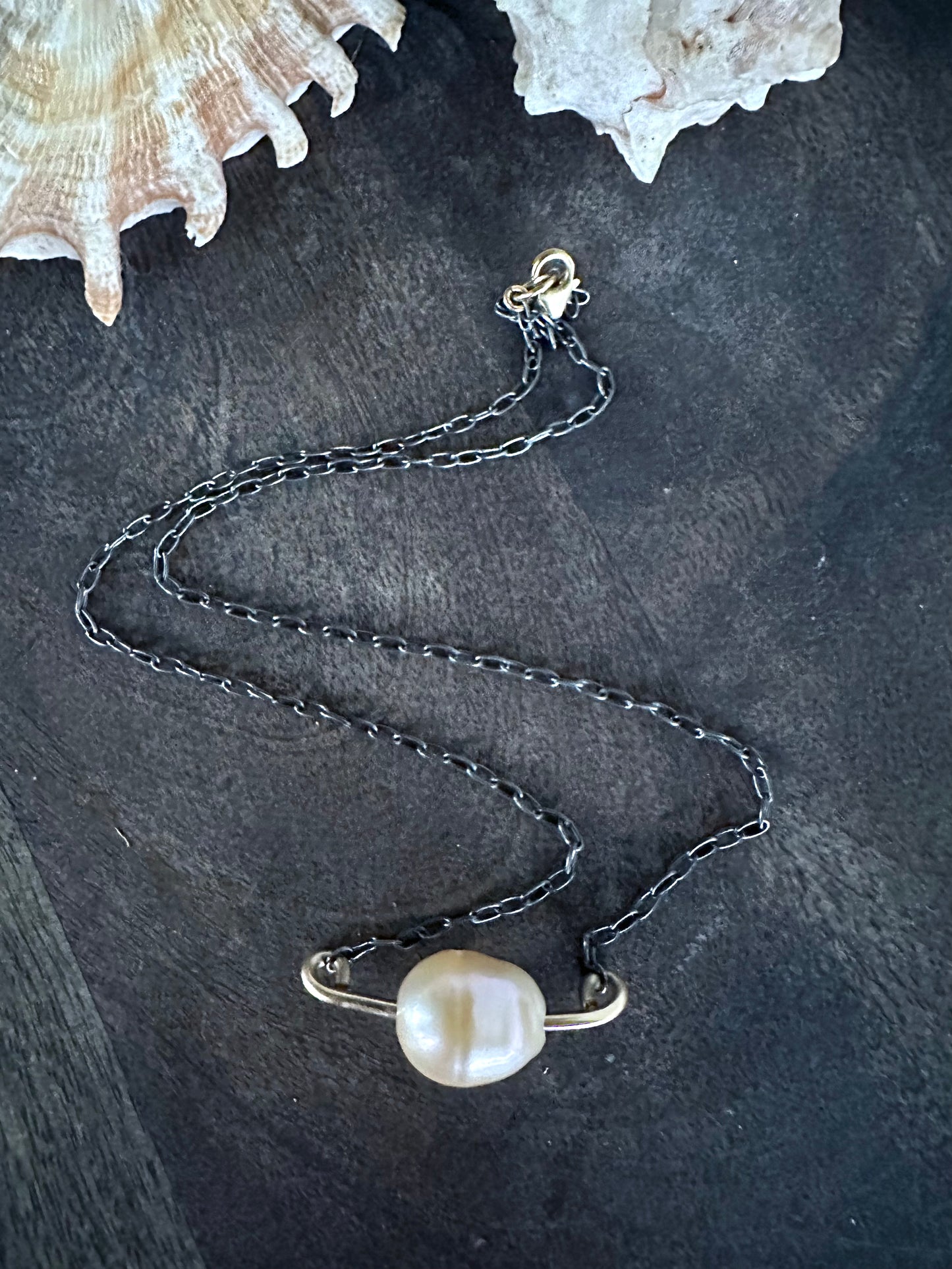 Orions Belt: Tahitian Or Baroque Fireball Pearl on a Gold Bar Necklace