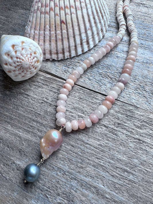 Wild Aventurine Fireball and Tahitian Pearl 16.5” Necklace
