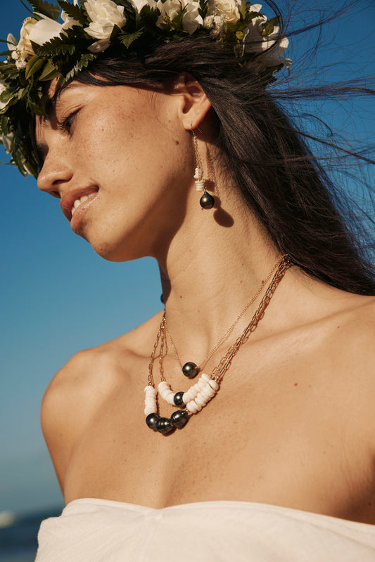 Royal Hawaiian Puka Shell and Tahtian Pearl Earrings