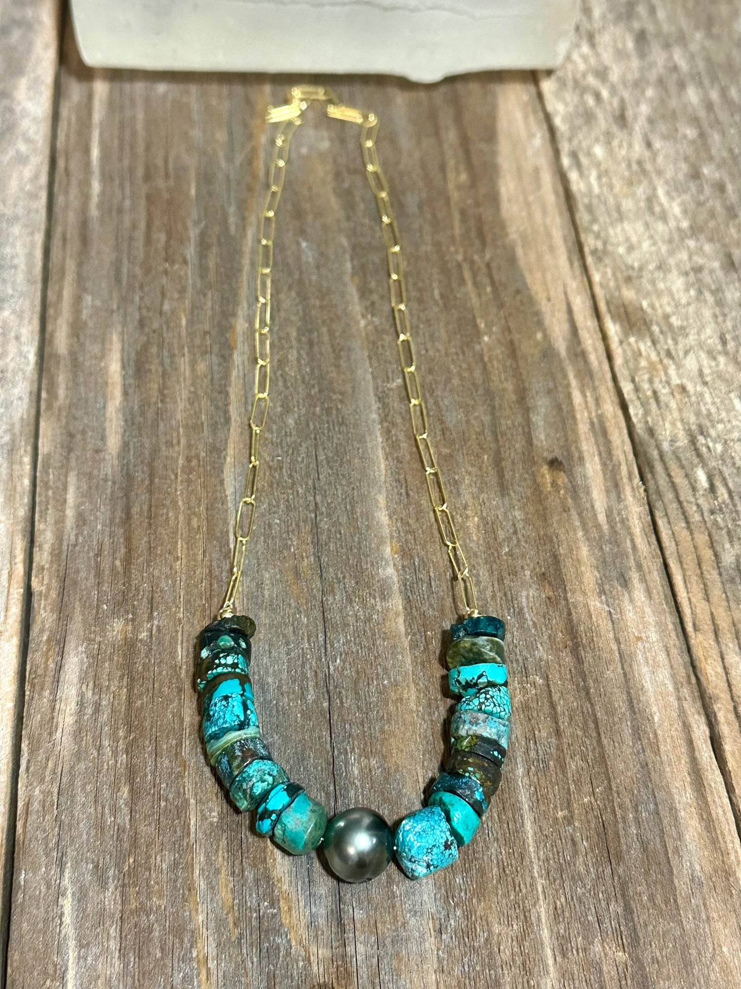 Turquoise and Tahitian Pearl 14K Goldfilled Paperclip Chain Necklace