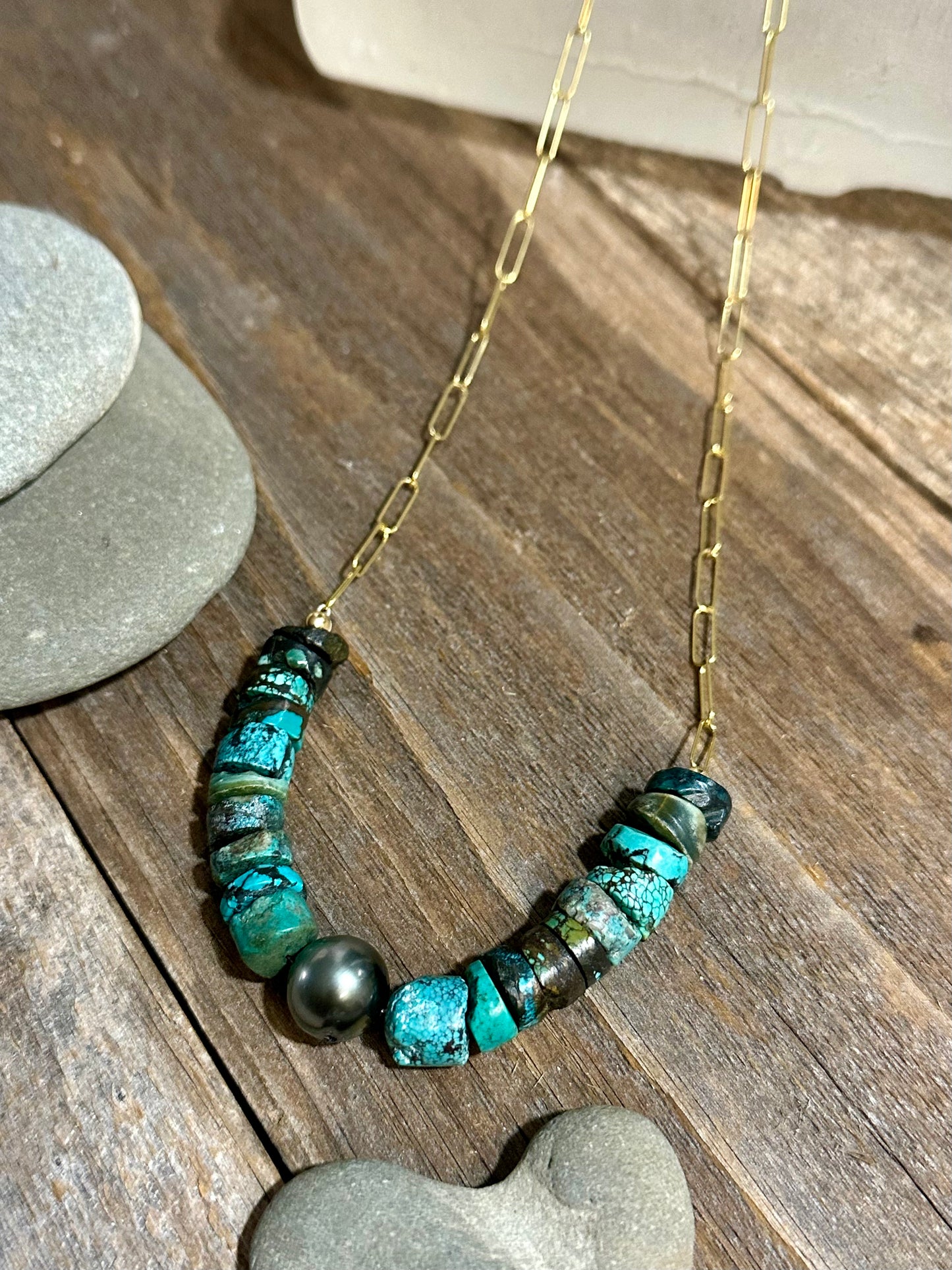 Turquoise and Tahitian Pearl 14K Goldfilled Paperclip Chain Necklace