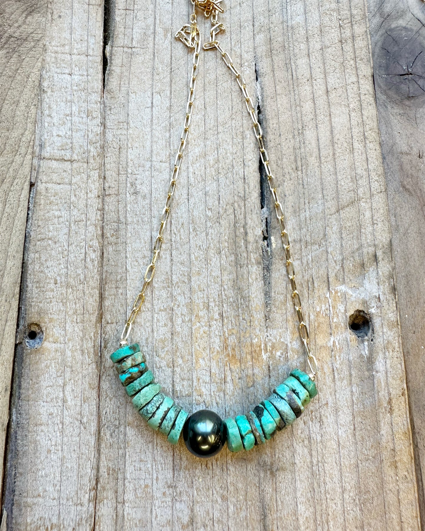 Turquoise and Tahitian Pearl 14K Goldfilled Paperclip Chain Necklace