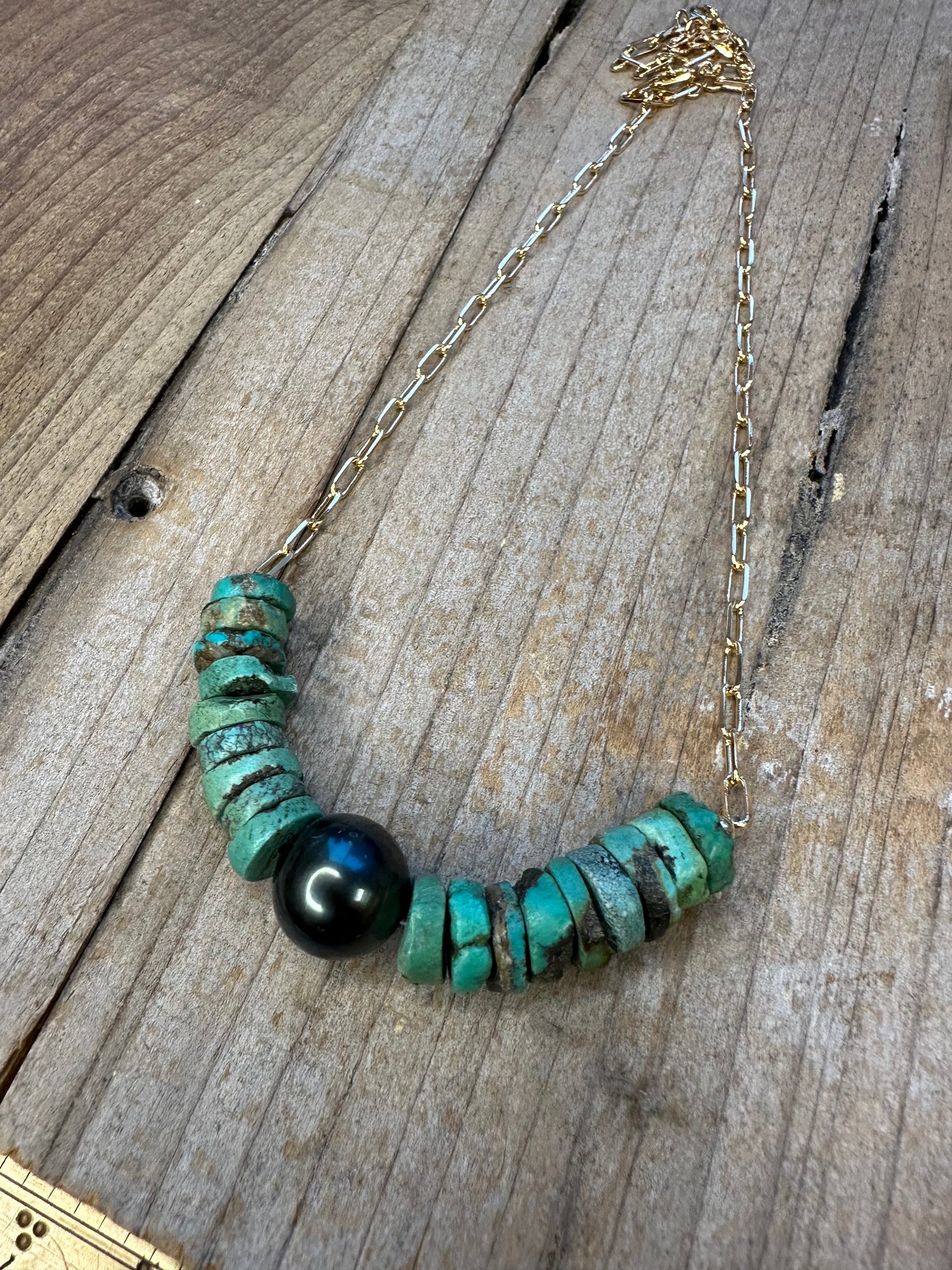 Turquoise and Tahitian Pearl 14K Goldfilled Paperclip Chain Necklace