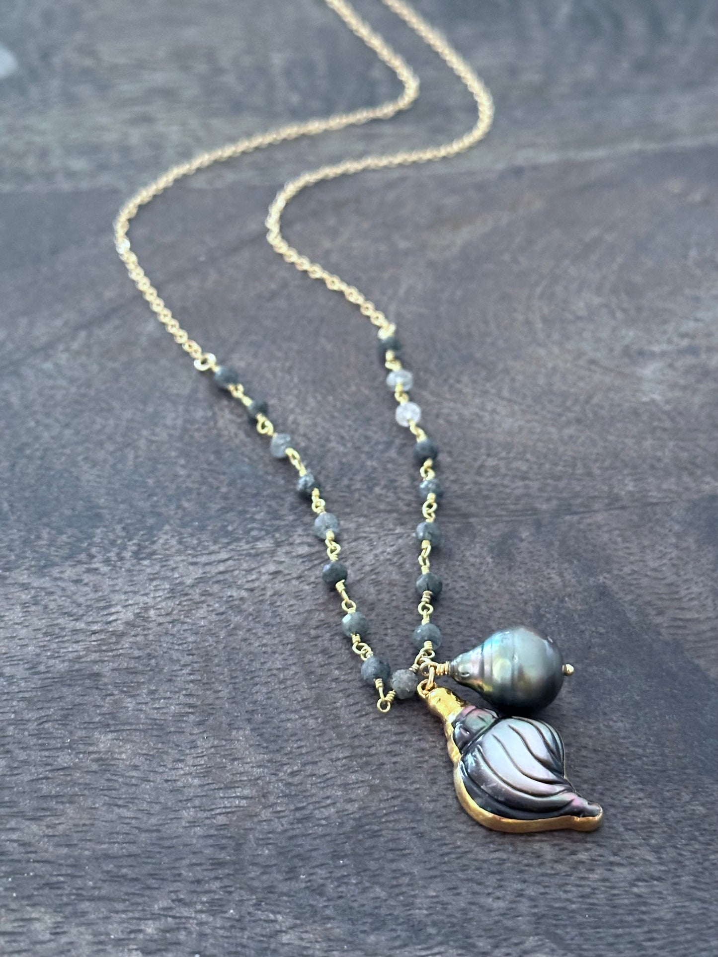 Alchemy's Hidden Treasure Necklace : Carved Mother of Pearl and Tahitian Pearl Necklace