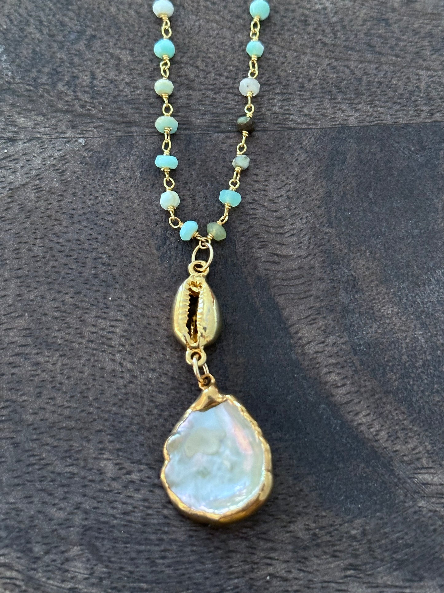Alchemy's Gilded Seashore: Gold Laced Keshi Pearl and Turquoise Rosary with Vermeil Cowrie 24" Necklace