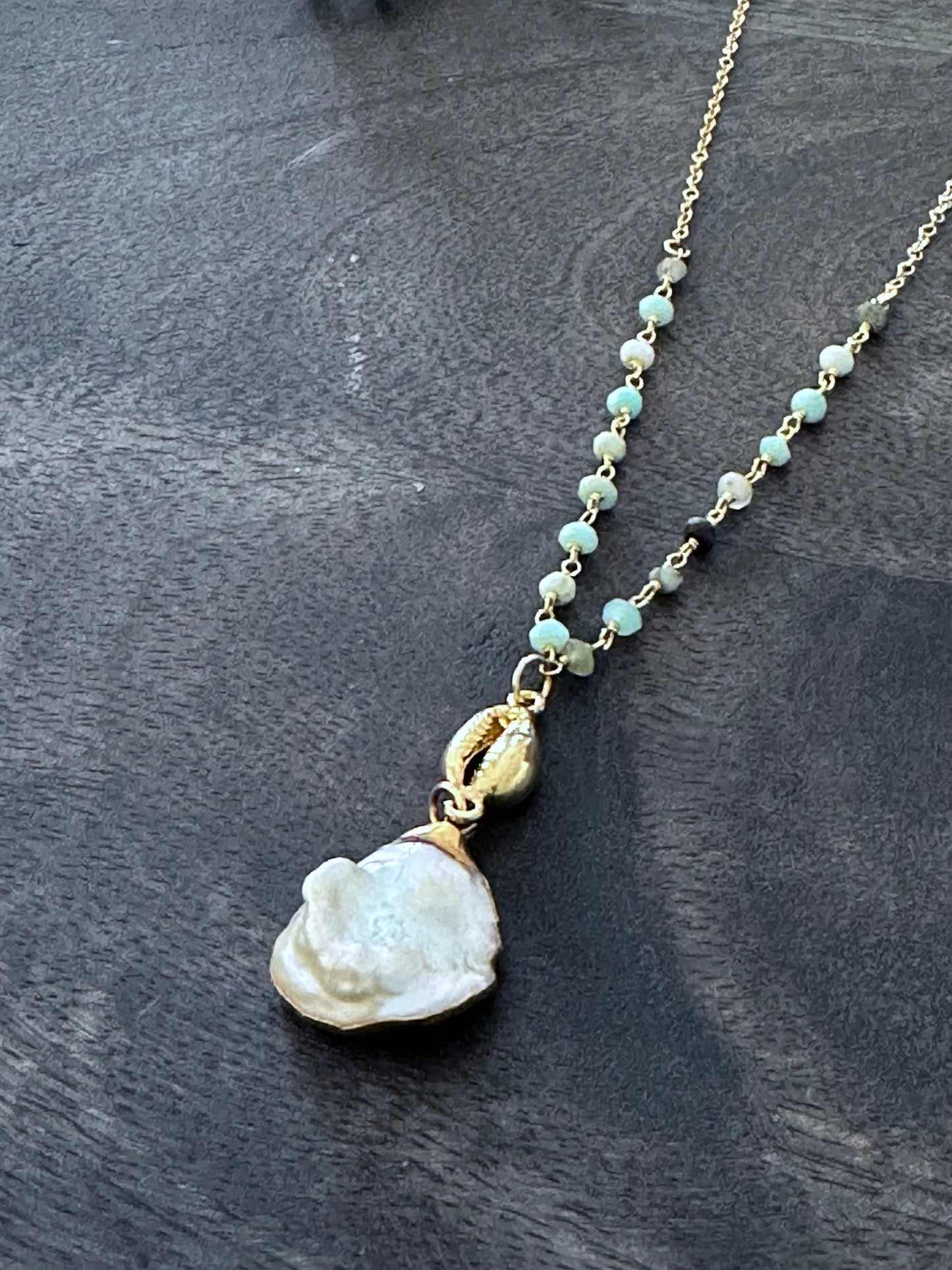 Alchemy's Gilded Seashore: Gold Laced Keshi Pearl and Turquoise Rosary with Vermeil Cowrie 24" Necklace