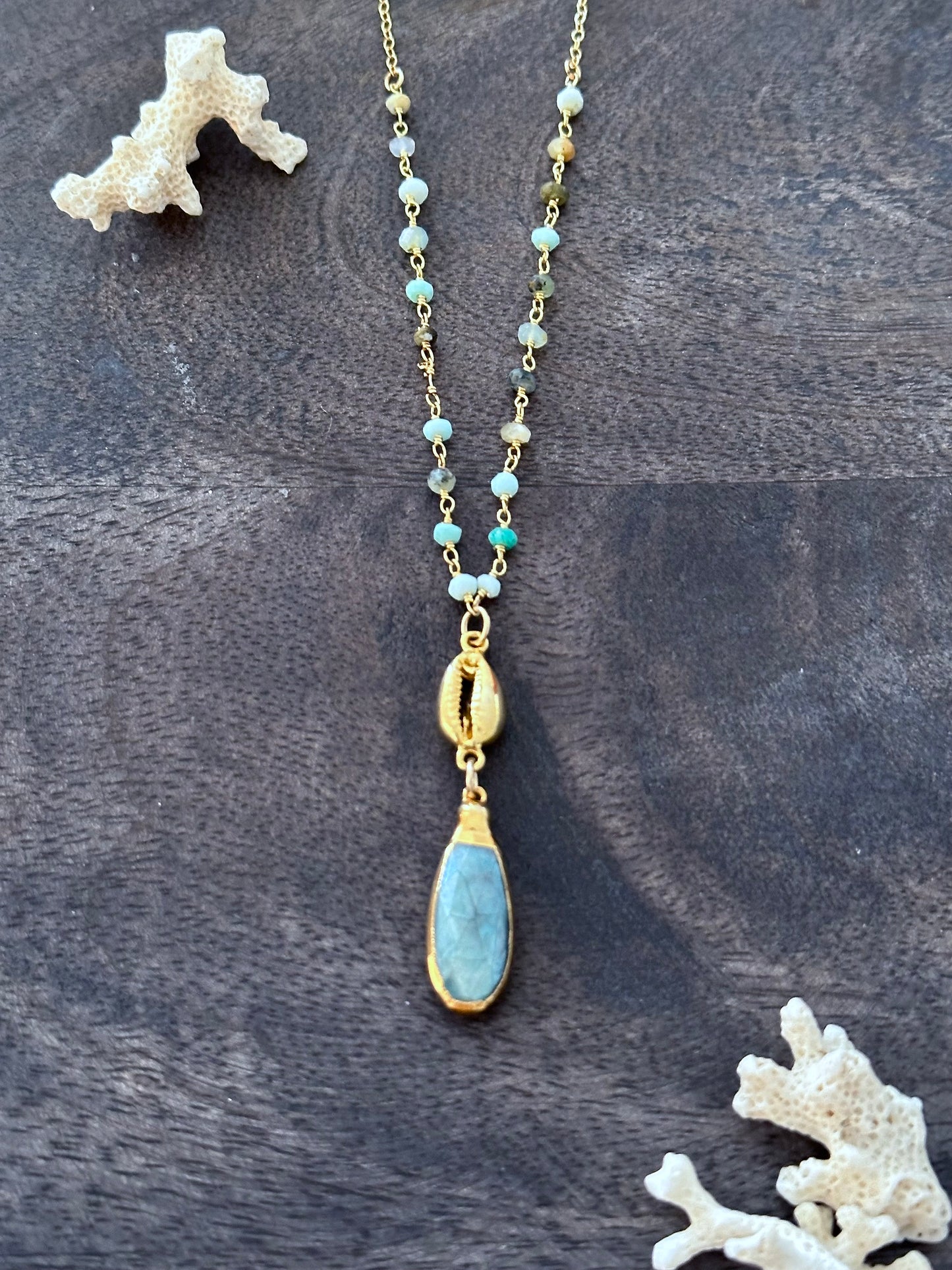 Alchemy of the Azure: The Blue Aura Kyanite Necklace with Vermeil Cowrie on 28" Turquoise Rosary and Gold Filled Chain