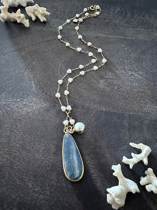 Alchemy of Love Necklace: Kyanite and White Freshwater Pearl Necklace