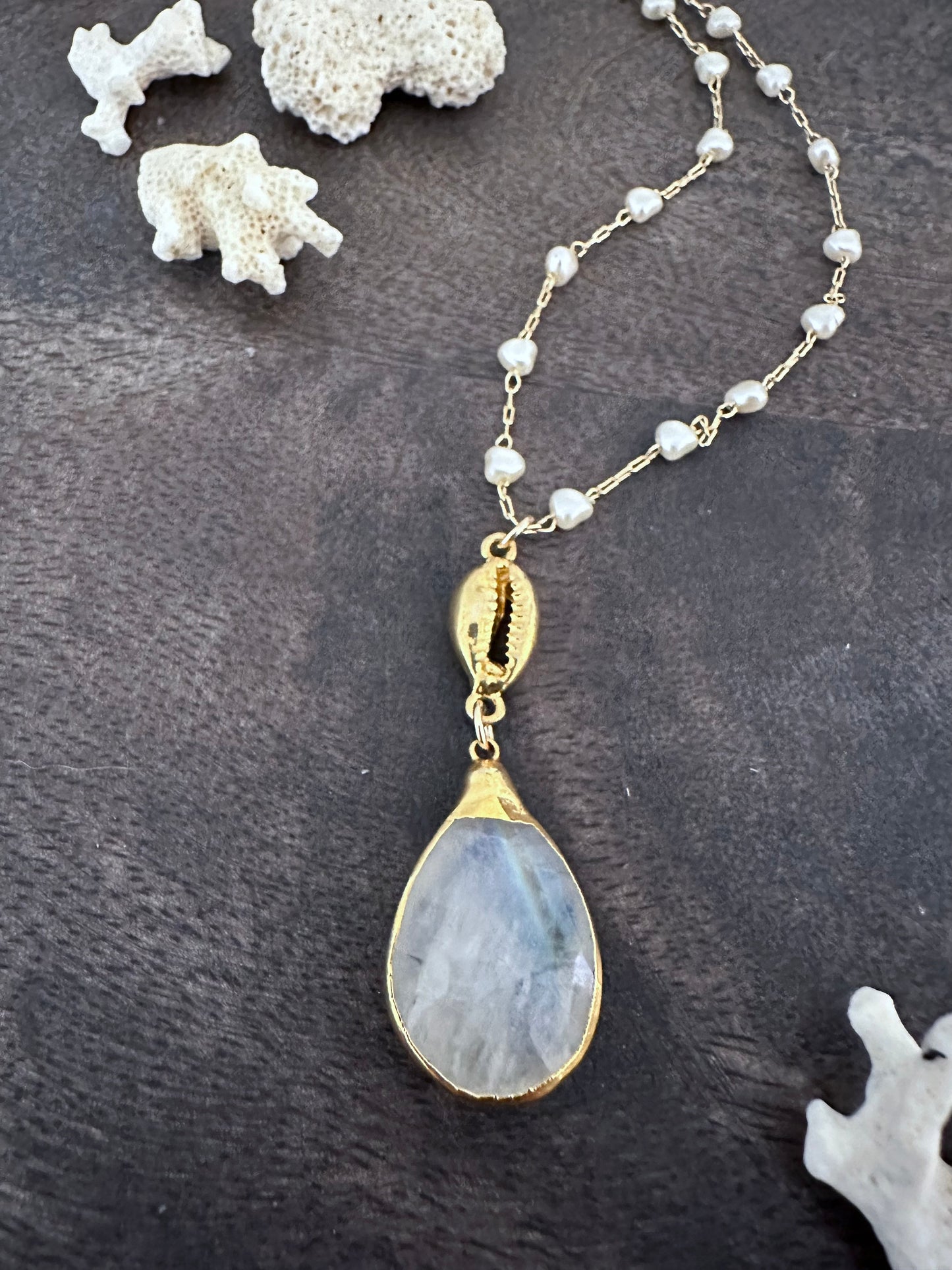 Alchemy of Love: Radiant Reverie Necklace: Rainbow Moonstone, Gold Cowrie and White Seed Pearl Necklace