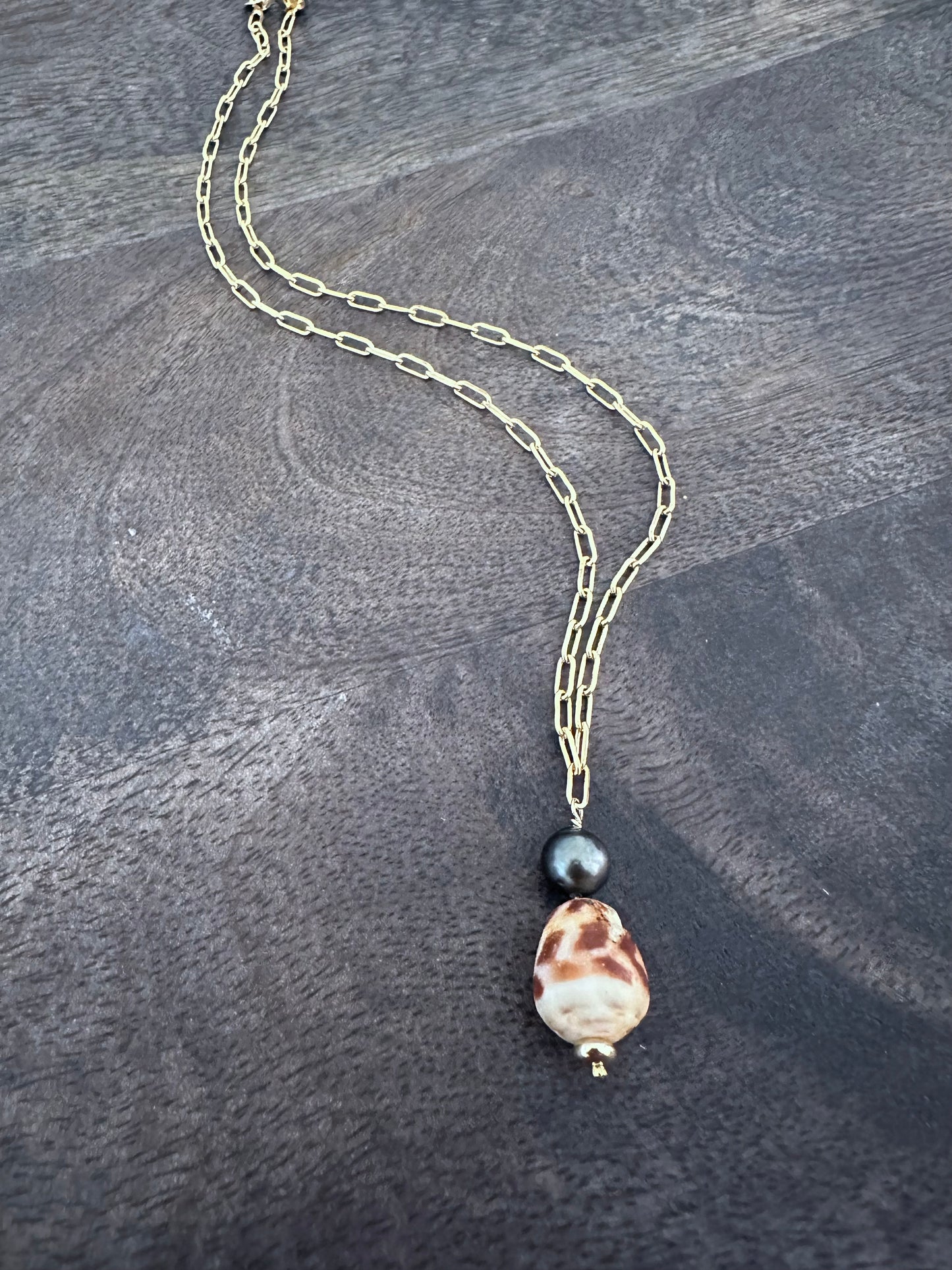 a brown and shite spotted cone shell with a tahitian pearl aon a gold paperclip chain on a wooden background