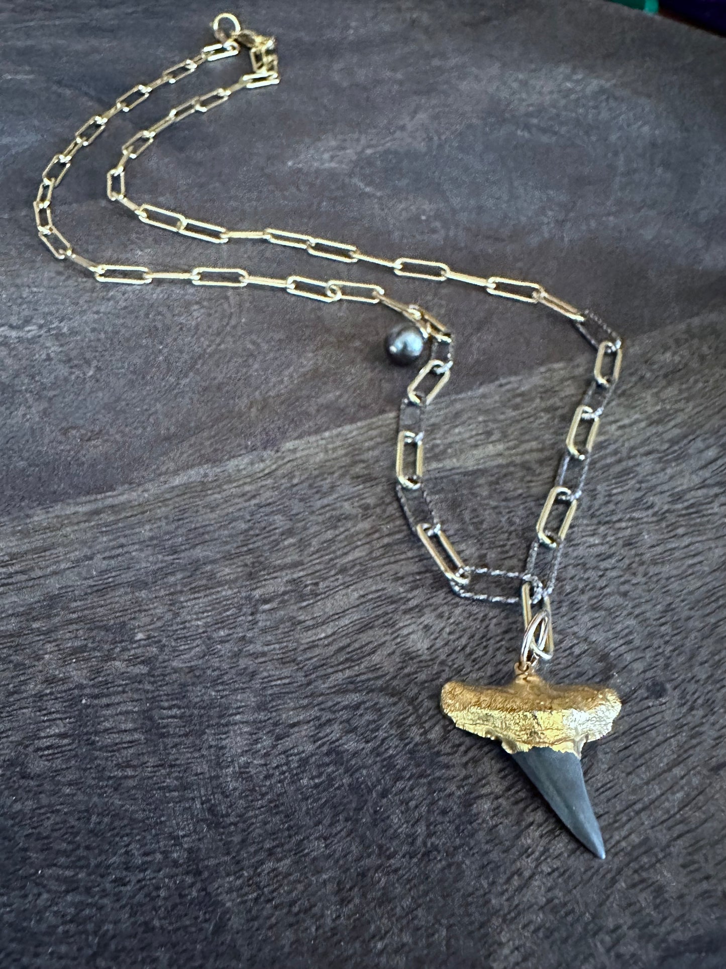 Alchemy of the Deep: Fossilized Shark's Tooth and Tahitian Pearl Italian Chain Necklace