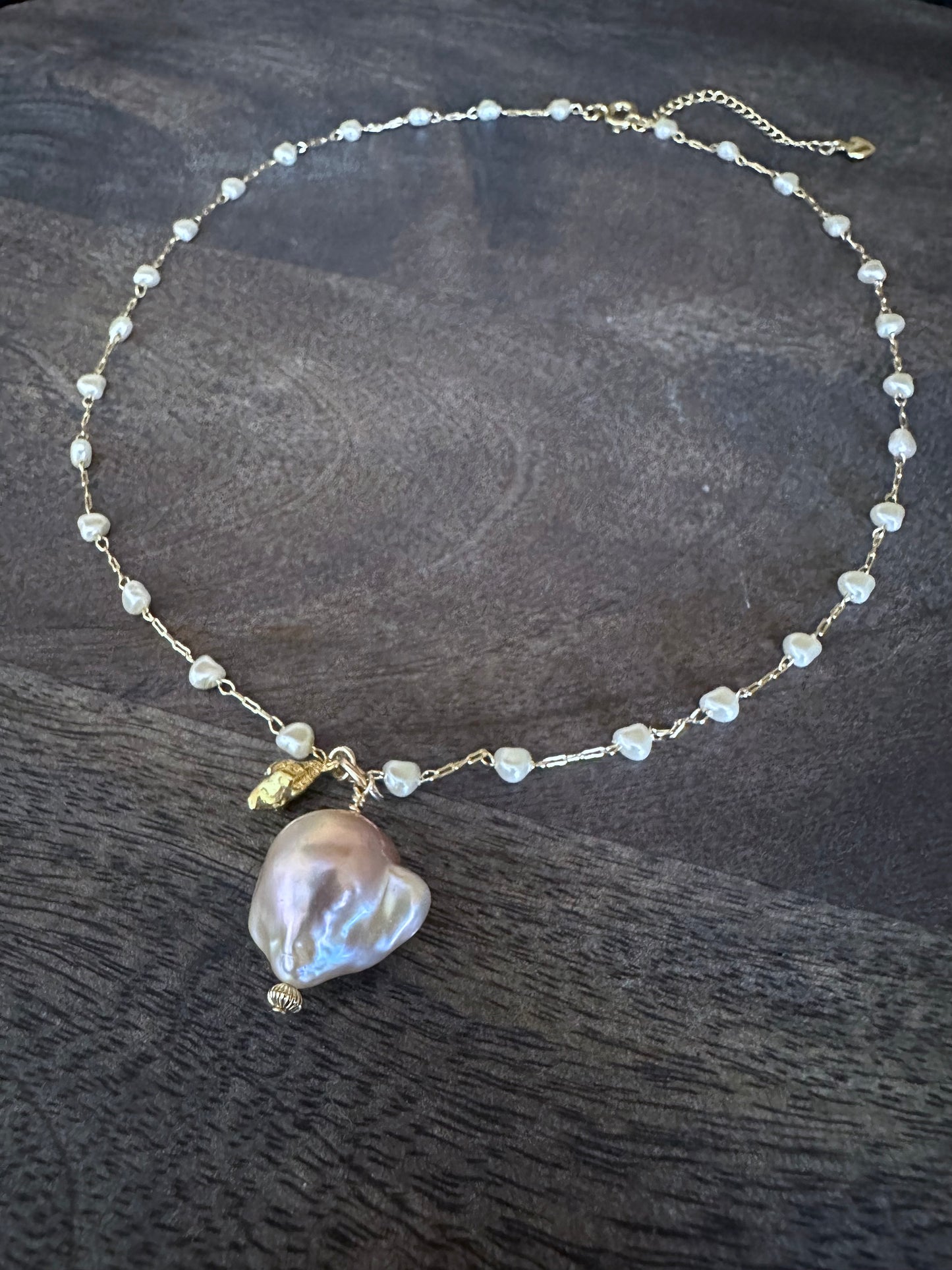 Alchemy of Blush: Pink Fireball Baroque Pearl with Vermeil Seashell on Heart-Shaped Seed Pearl  18" Necklace