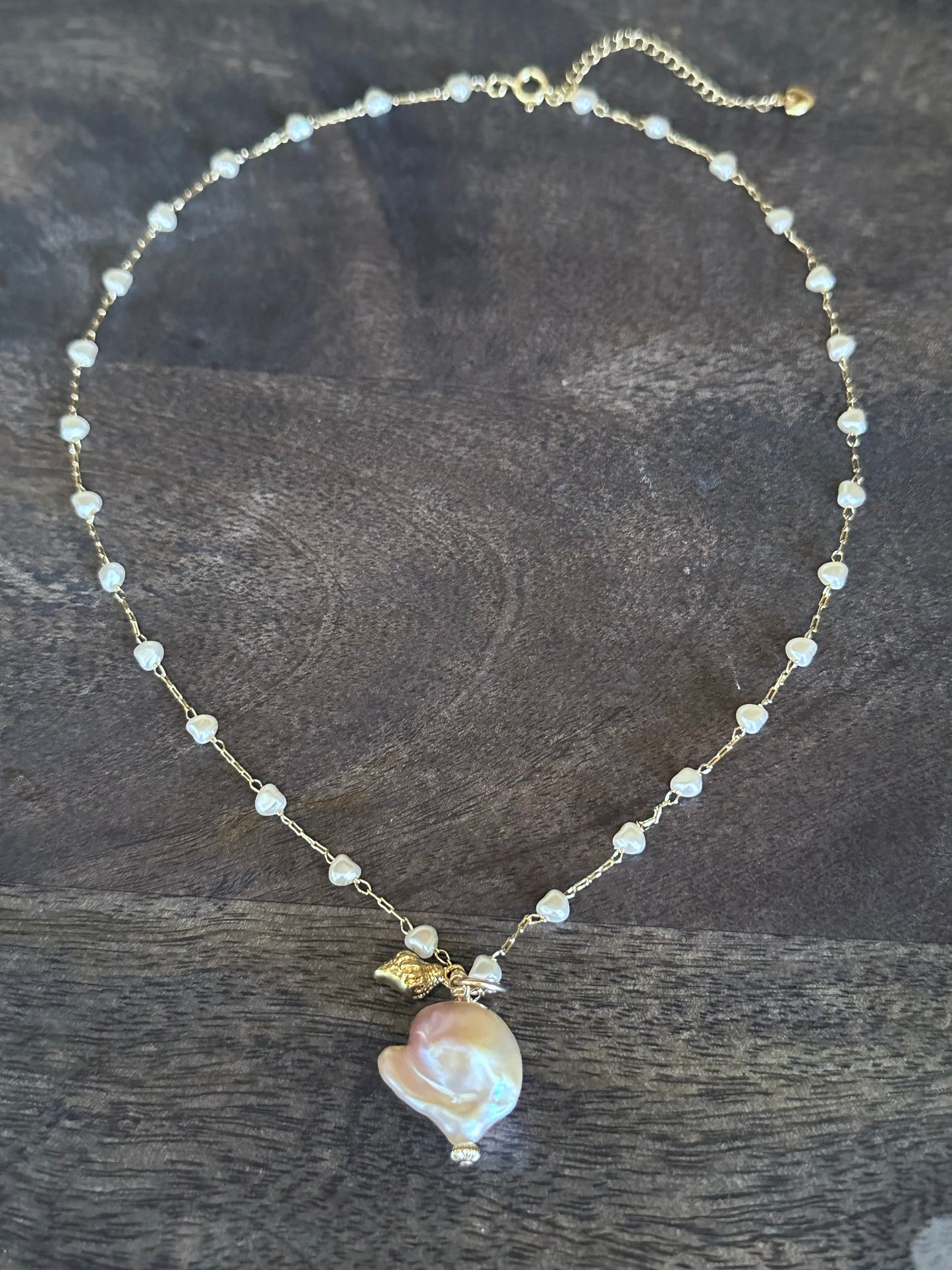 Alchemy of Blush: Pink Fireball Baroque Pearl with Vermeil Seashell on Heart-Shaped Seed Pearl  18" Necklace