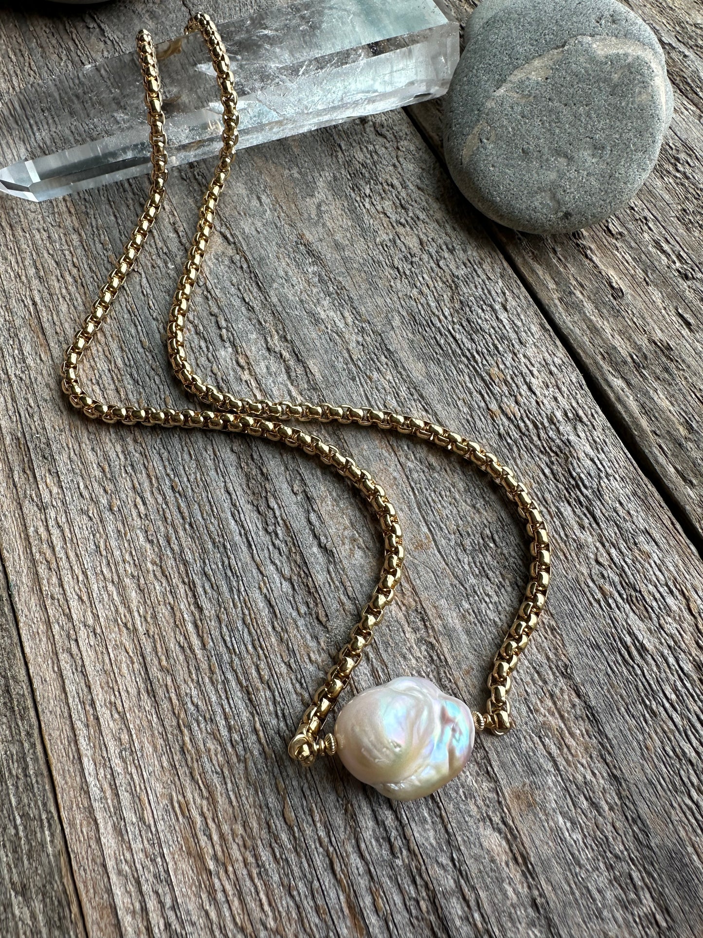 Fireball Baroque Pearl Necklace on Gold Filled Rolled Box Chain