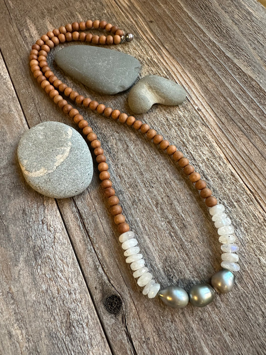 Sacred Moon Tide Tahitian Pearl, Moonstone and Sandalwood 30" Necklaces