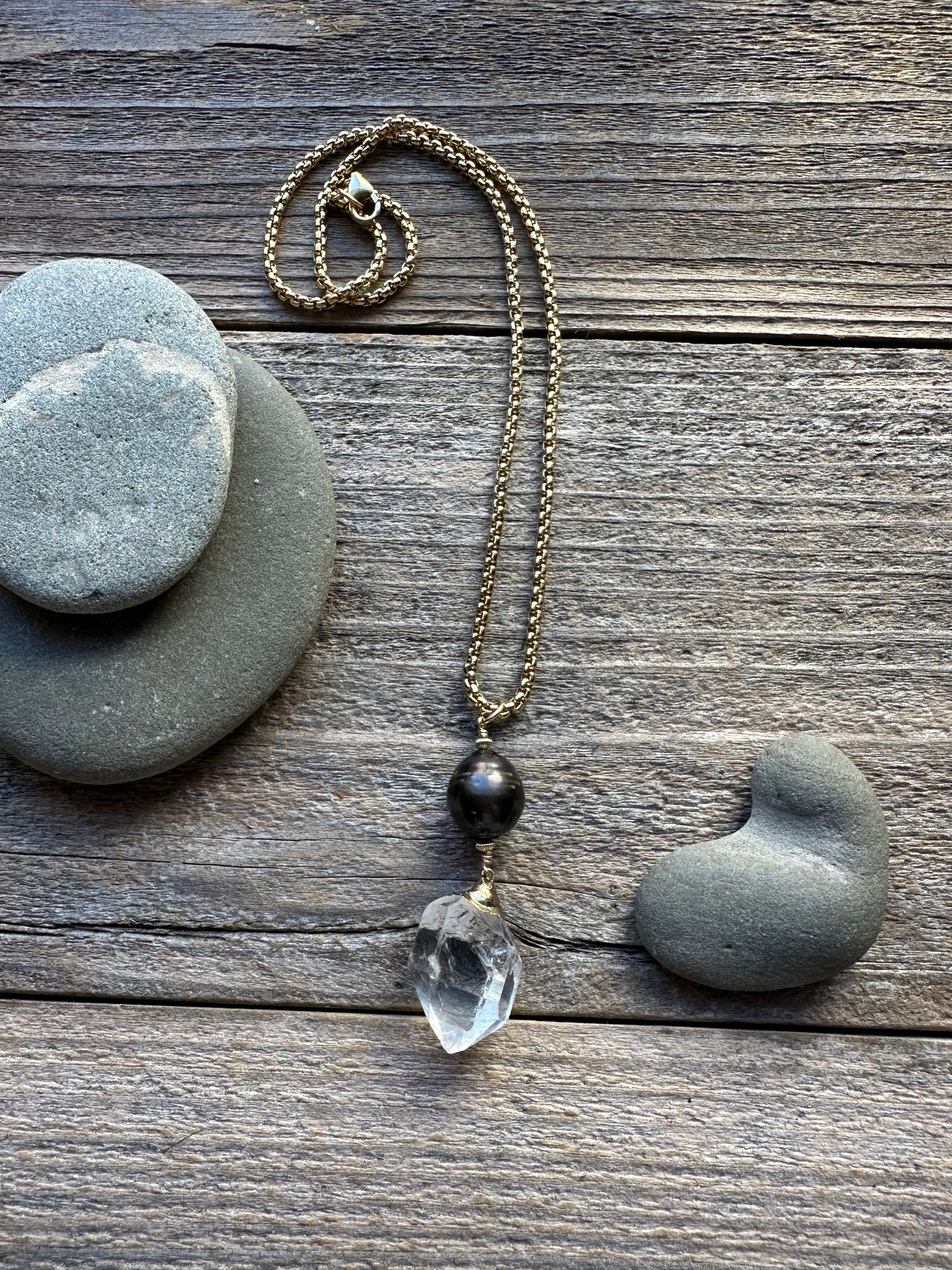 Starhaven Tahitian Pearl and  Guilded Herkimer Diamond Necklace